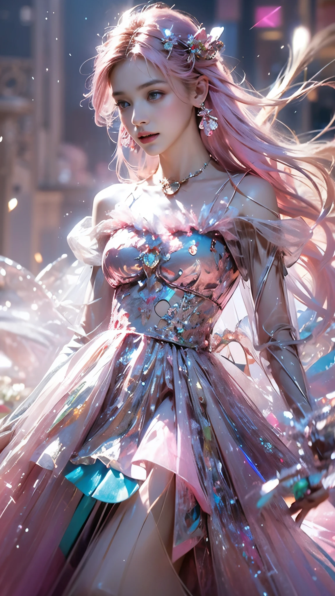 8K, ultra hd, masterpiece, 1 girl, (good face:1.4), detailed eyes, very long hair, impressive hairstyle, earings, necklace, small breasts, (pink dress:1.5), see-through, (fantasy dress:1.5) Light-colored foundation brings out the transparency of the skin, (in the wonderland:1.5), mystery, diwali lights, glowing lights, very decoration, The lights falls like water, perfect front body,