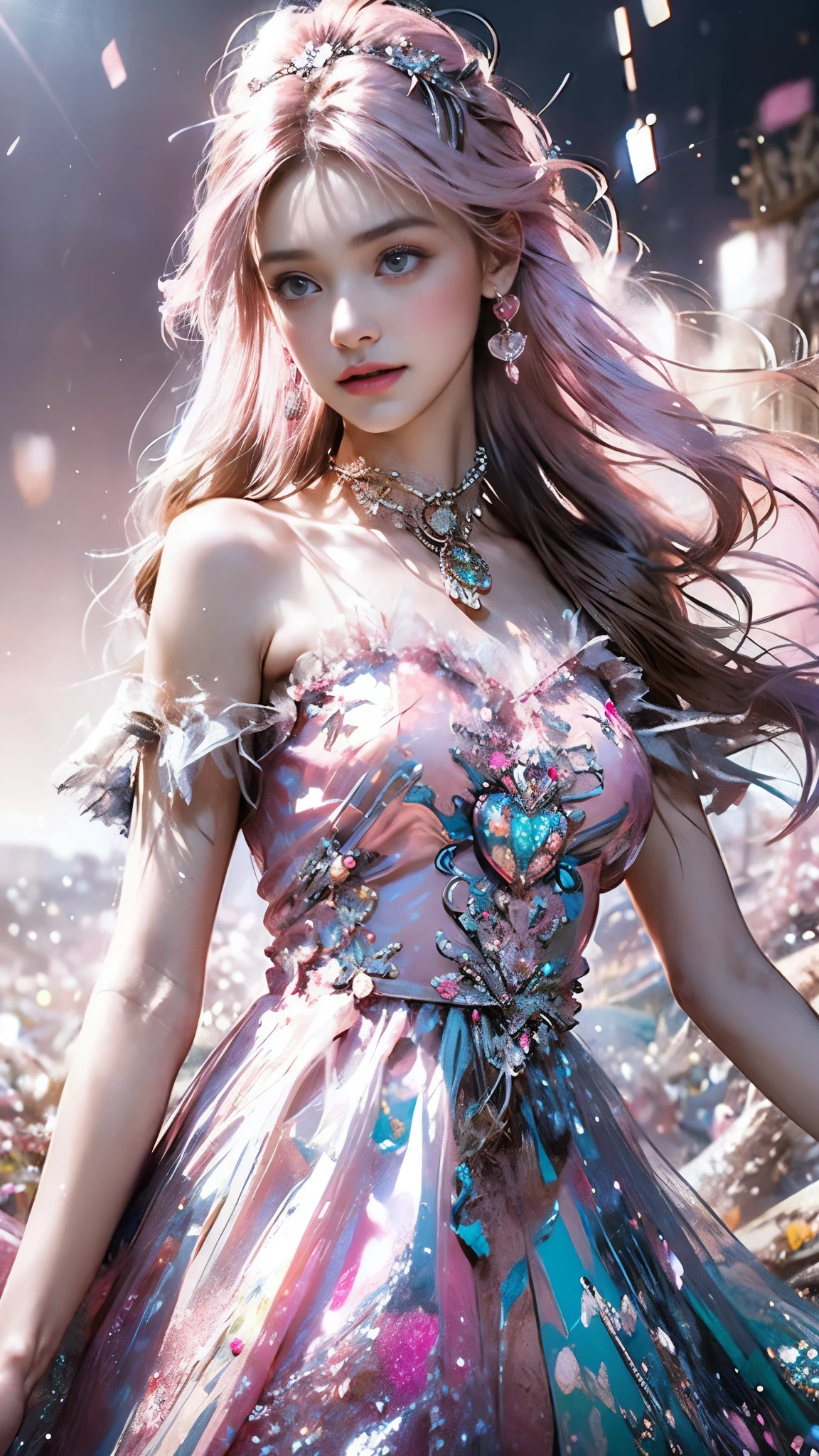 8K, ultra hd, masterpiece, 1 girl, (good face:1.4), detailed eyes, very long hair, impressive hairstyle, earings, necklace, small breasts, (pink dress:1.5), see-through, (fantasy dress:1.5) Light-colored foundation brings out the transparency of the skin, (in the wonderland:1.5), mystery, diwali lights, glowing lights, very decoration, The lights falls like water, perfect front body,