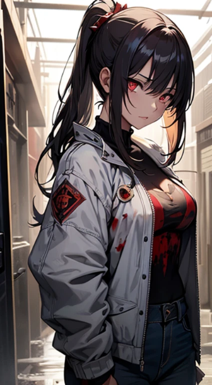 Top-quality image: A captivating visual art piece showcases a girl, aged 18, with a mix of tattered clothing and bold fashion elements. Naked, Topless, exposed breasts, paired with pristine white pants. Her best bust, an impressive 85, is proudly on display, contrasted by the roughness of her attire. Her hair is a disheveled, golden ponytail, framing her striking red eyes that gleam with intense happiness and the promise of a return of her blood. Droplets of blood trickle from the corner of her mouth, adding intrigue to her express