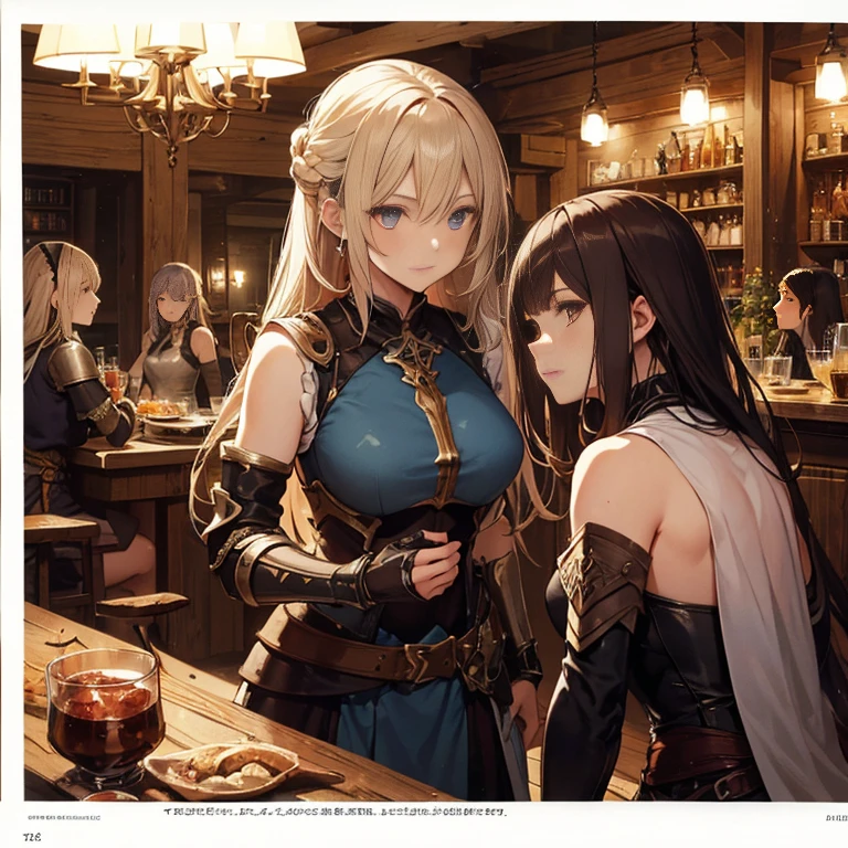 A group of  female medieval fantasy adventurers, (in tavern), various hair styles, harem, night, details face, seducing, sleeveless, armor 