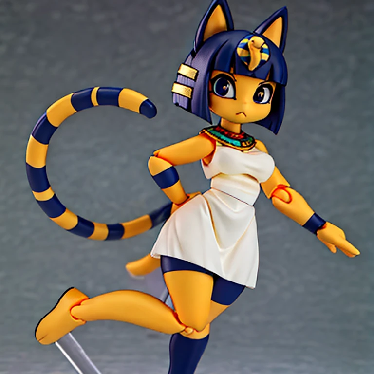Ankha cat Egypt , humanoid , short white tube dress ,Full body , thick Thighs, wide hips, Bandage ,(( yellow body)) ,(( short tail)) , big eyes , Black pupils , Figma Anime Figures ,3d