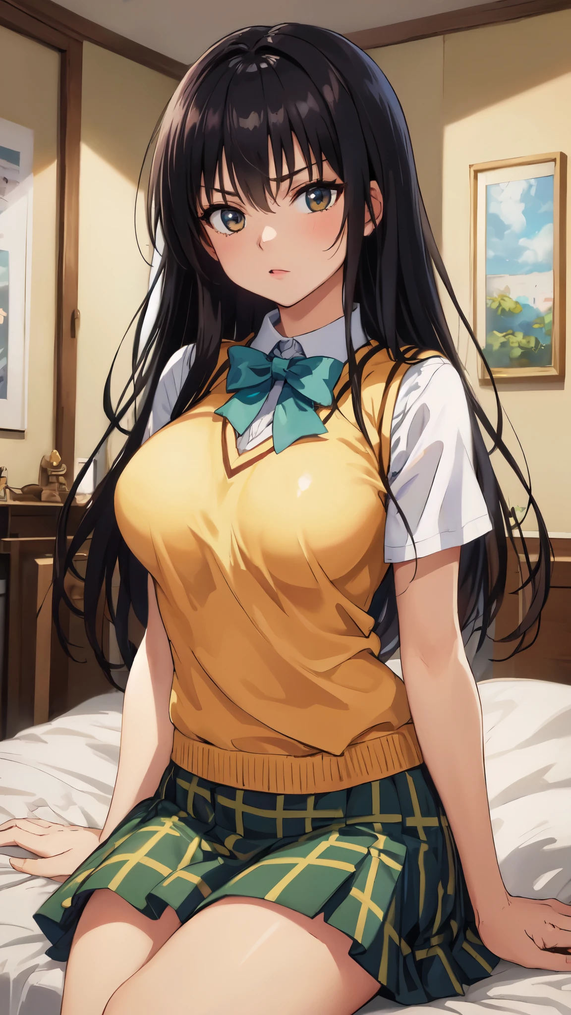 (masterpiece,Highest image quality,highest quality:1.3),(8k:1.4), defYui,26 years old, Yellow sweater vest, white shirt, short sleeve, green bow tie, plaid mini skirt, big breasts, vivid color,(indoor, Bedroom;1.3), blue sky, sitting on the bed,embarrassing, looking at the viewer, cowboy shot, head tilt