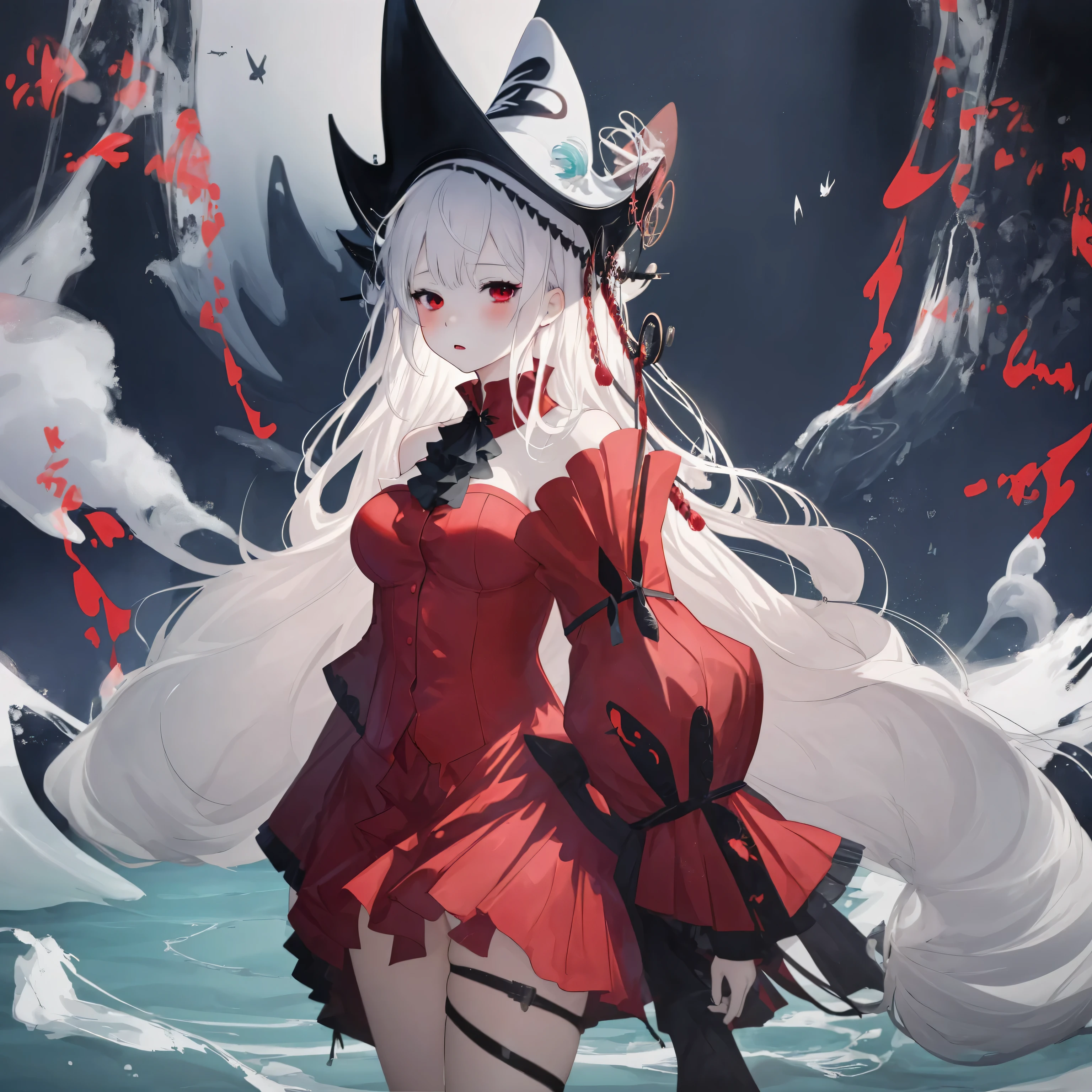 a woman with white hair wearing a red dress and a hat,splash Art, a detailed painting by Takeuchi Seihō, featured on pixiv, sots art, official art, anime, ultra detailed, Under Ocean, black Shodow, Orca