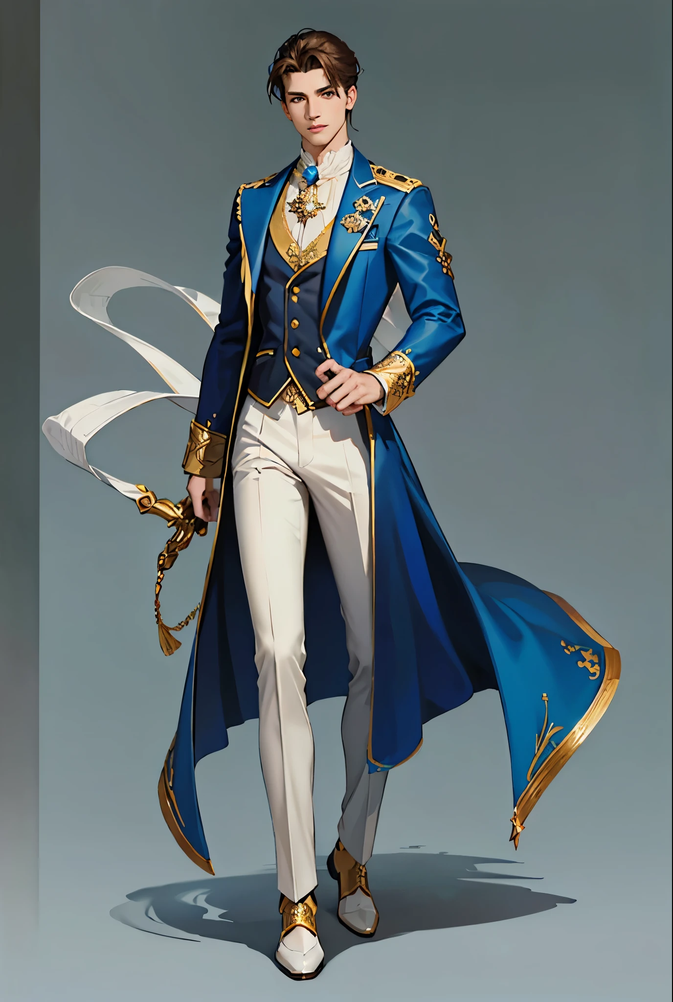 reference sheet: 1.8, great details, high quality, masterful work, Tall Boy, Beautiful face, long pants, art in boots, (masterpiece, A high resolution, high quality: 1.2), complex parts, cinematic lighting, clear focus, depth of field, blue coat, White pants, black shoes with gold toe, Gold Elements, brunette, an aristocrat, White pants, brooch expensive brooch, брошь an aristocratа, White vest, white suit, blue cloak, background