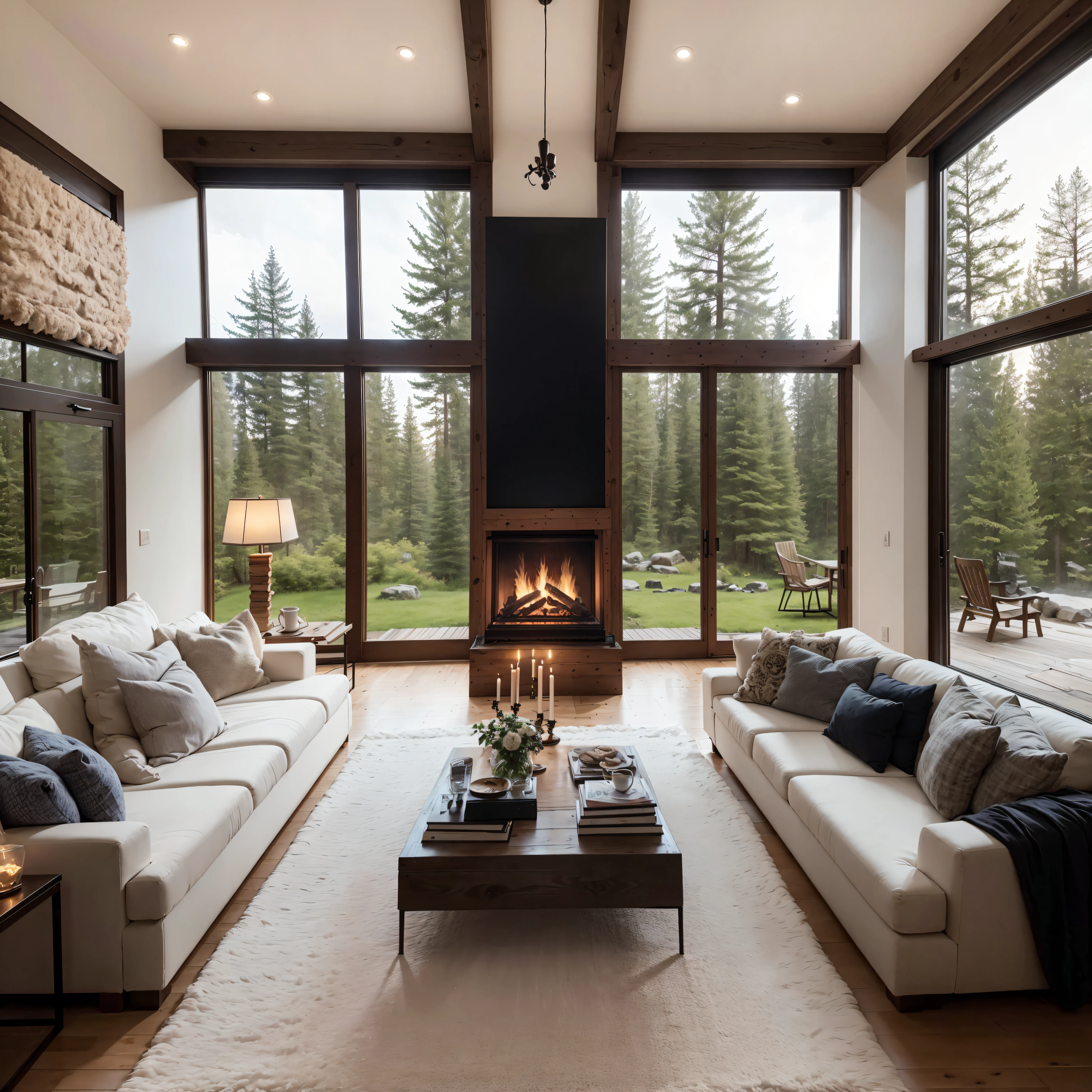 THIS EVENING WOODEN CABIN LIVING ROOM ANIME BACKGROUND, (COZY ATMOSPHERE), (SUBTLE LIGHTING), BRIGHT STONE FIREPLACE FIRE, LIONSKIN RUG THIS EVENING BEST QUALITY, TRANSPARENT GLASS WINDOWS