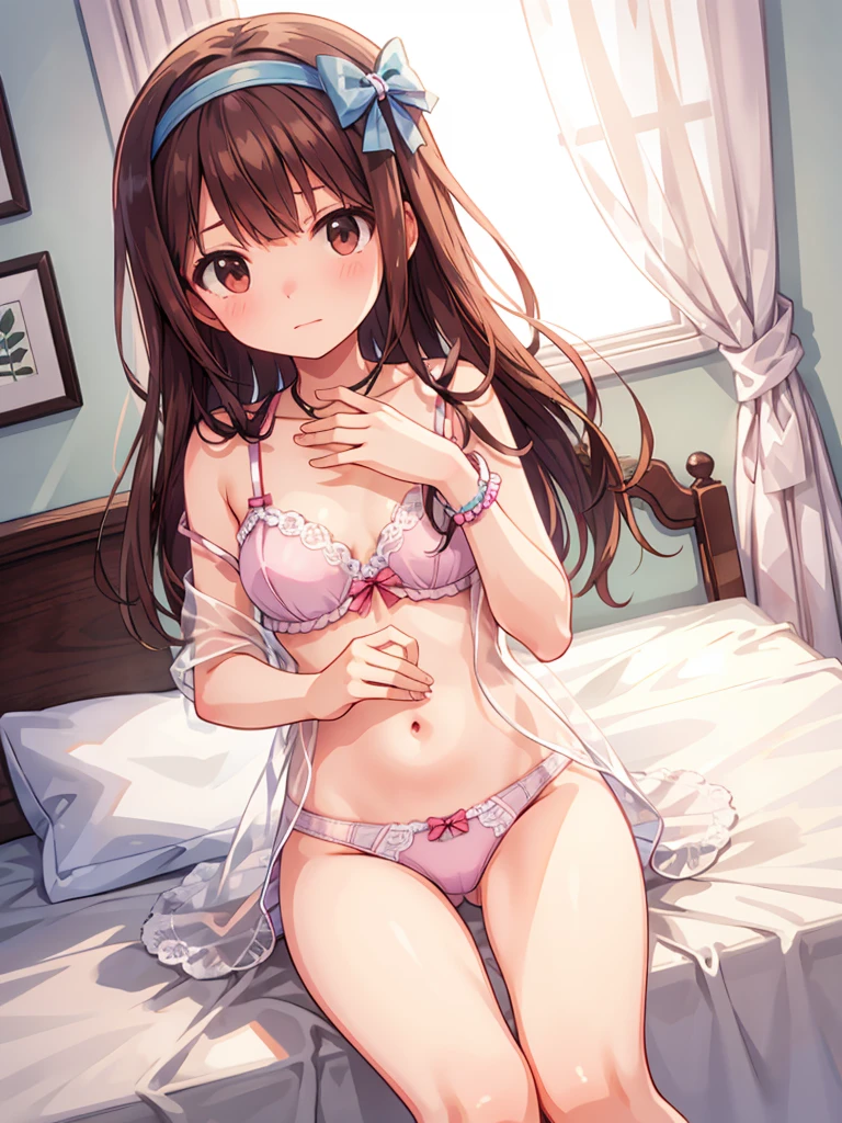 masterpiece, beautiful illustrations, highest quality, pretty girl, 1girl, Bedroom, pastel colour, (two-separated lingerie), cute lingerie, reddish brown long hair, headband, bright lighting, presenting, looking at viewer, on bed, embarrassed