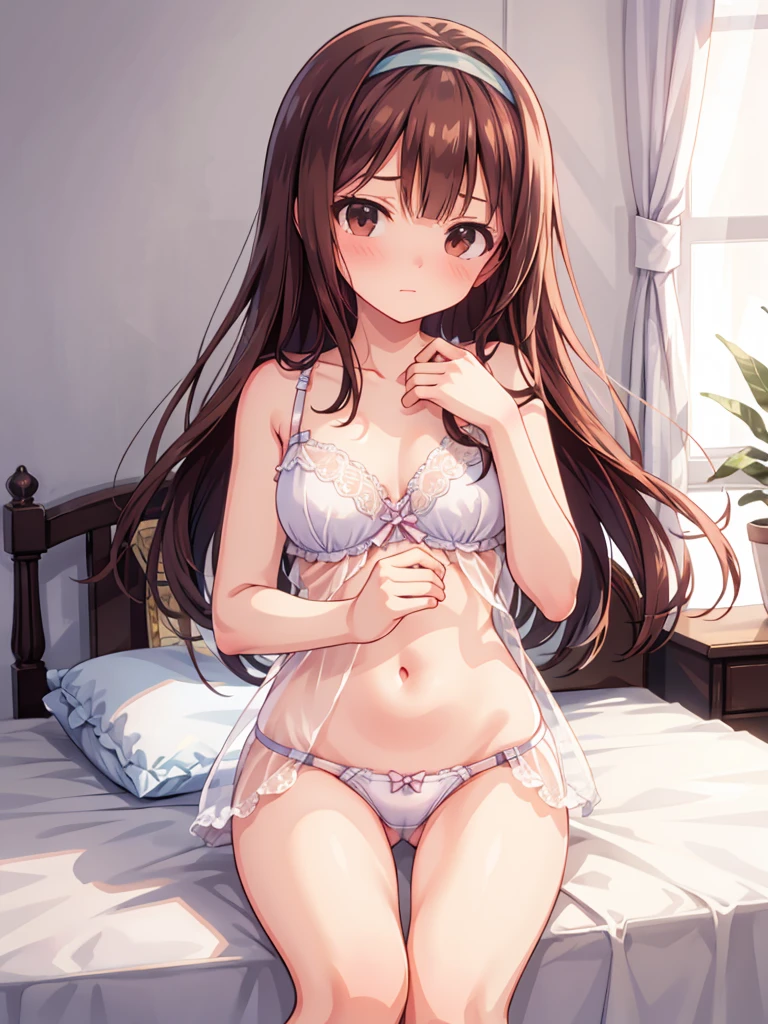 masterpiece, beautiful illustrations, highest quality, pretty girl, 1girl, Bedroom, pastel colour, (two-separated lingerie), cute lingerie, reddish brown long hair, headband, bright lighting, presenting, looking at viewer, on bed, embarrassed