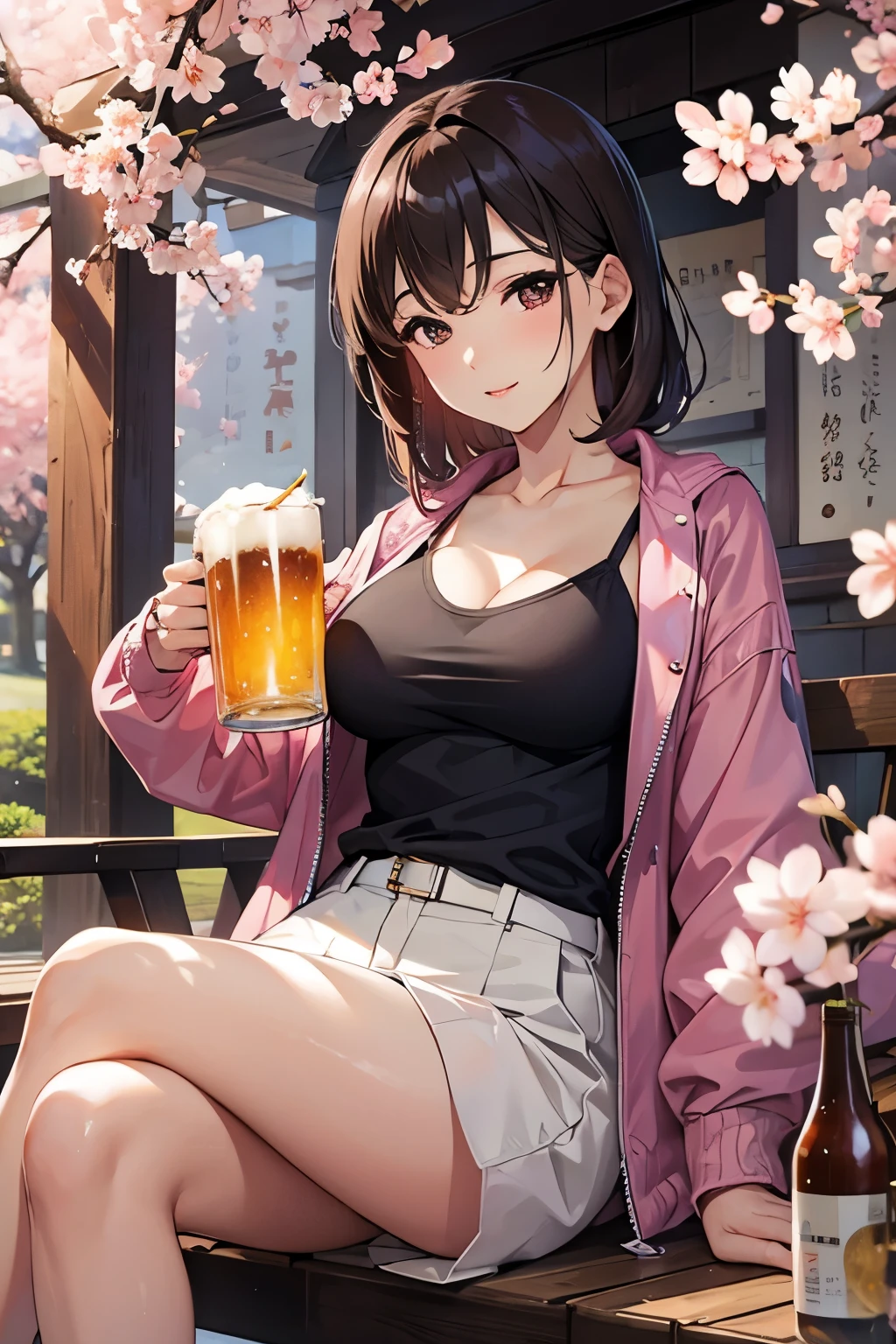 Cherry blossom viewing beautiful mature woman、sexy、Jacket、drinking beer