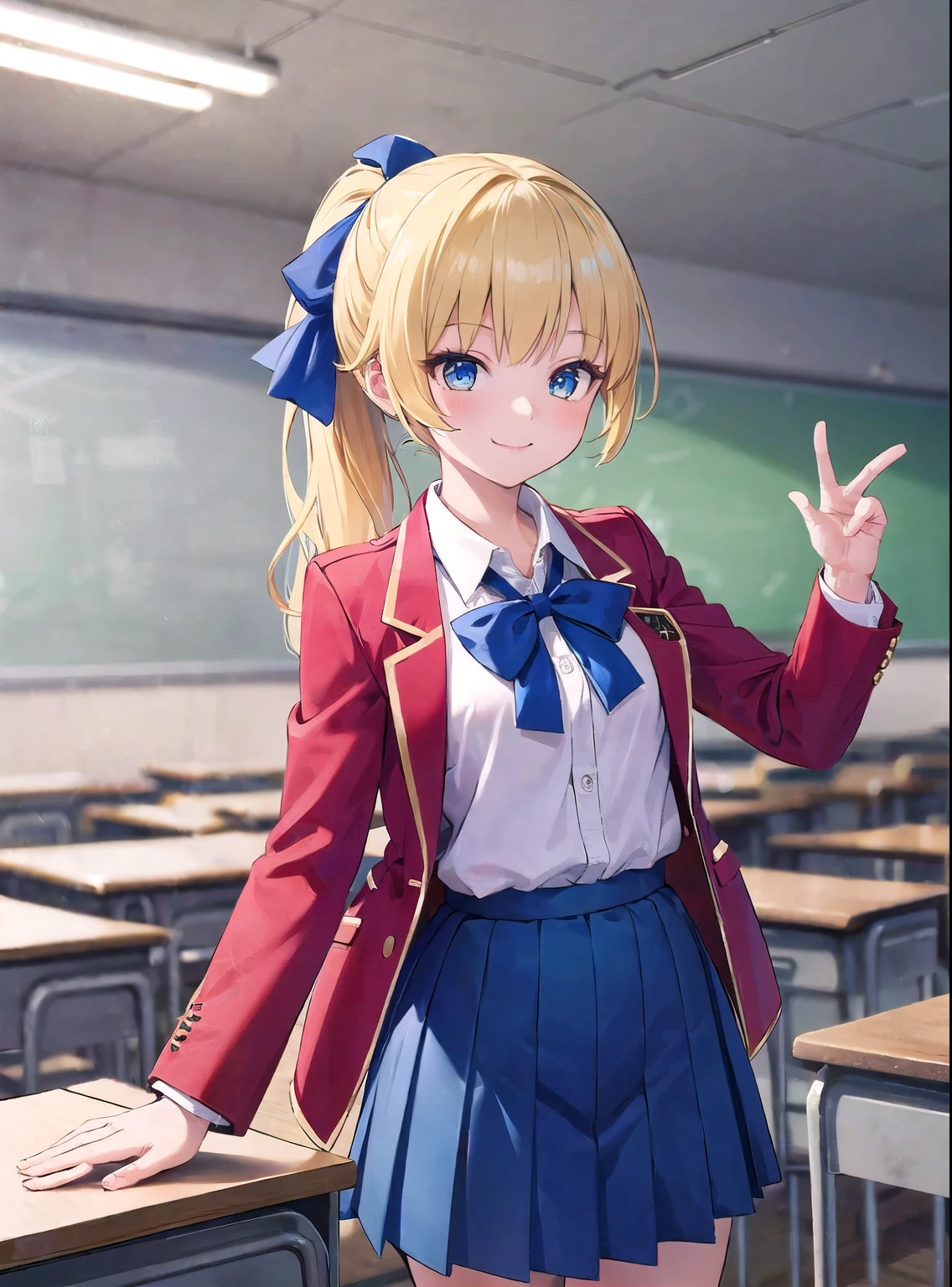 Masterpiece, hd, 1girl, yellow hair, blue eyes, ponytail, bangs, blue hair ribbon, ayanokoji, , red blazer, white collared shirt, blue bowtie,blue skirt standing, indoor, smile, classroom