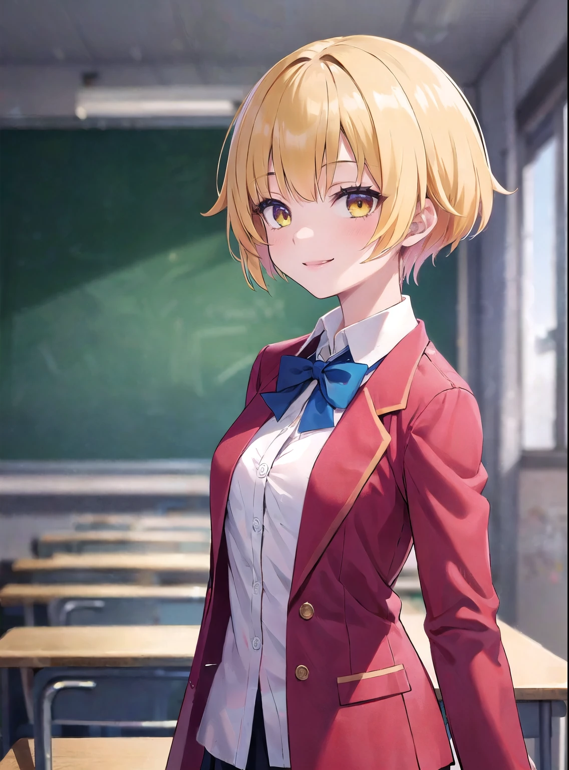 Masterpiece, hd, 1girl, yellow hair, bangs, hair ribbon, ayanokoji, , red blazer, white collared shirt, blue bowtie, standing, indoor, smile, classroom