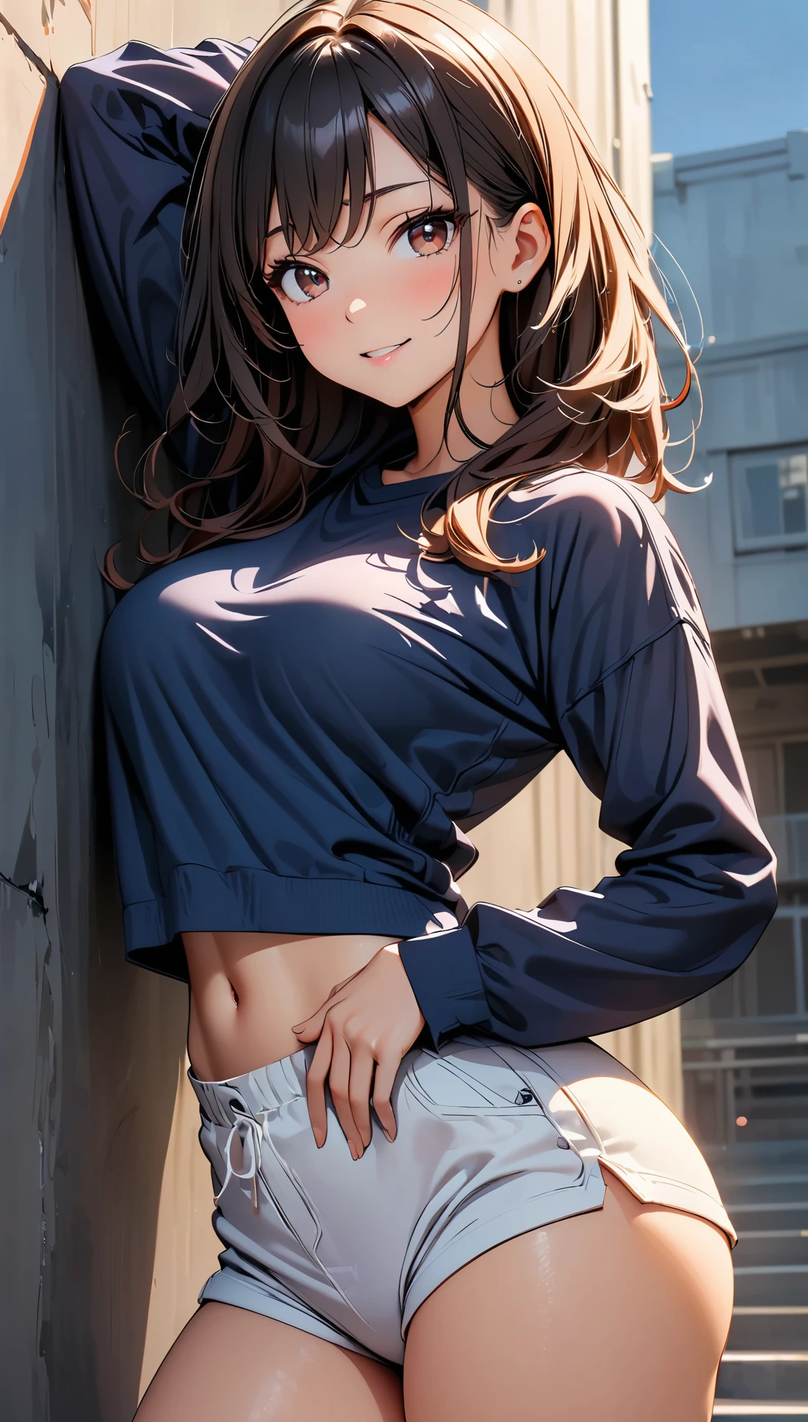 (high quality, 8k, 4k, high contrast, masterpiece:1.2, best quality, best aesthetics), 1 young woman, (high detail skin:1.2), black hair, reddish brown eyes, slim body shape:1.4, Highly detailed face and skin texture, Beautiful - Glowing Skin, perfect fingers, five fingers, (Blue tops, pants style), in front of a white wall, posing, photo shoot,