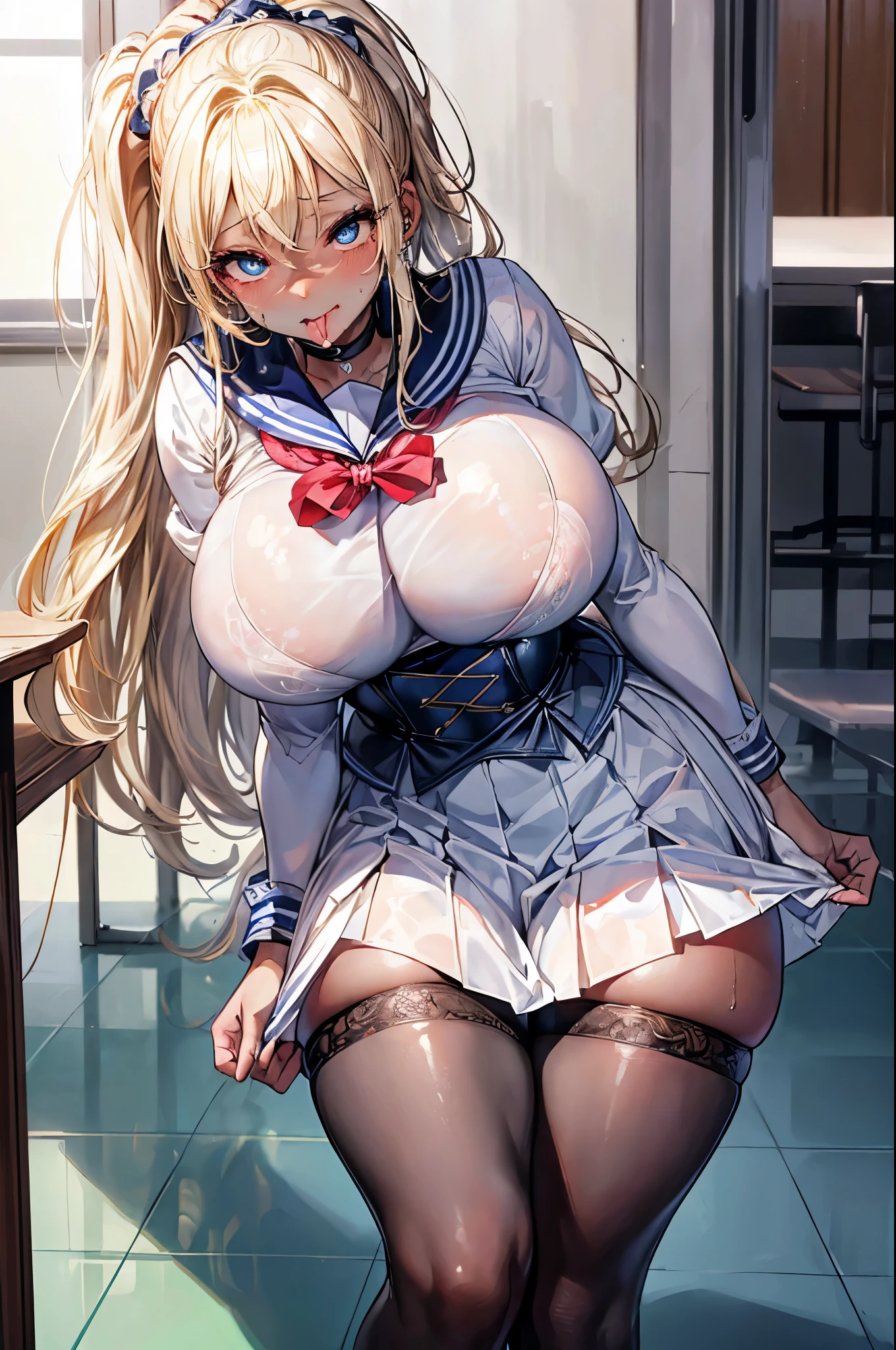 (masterpiece:1.2、highest quality、T Masterpiece)、1 female、alone、classroom、Day、stand、blonde、ponytail、blue eyes、(sailor suit:1.4)、(black skin:1.4)、???????????、pantyhose、corset、earring skirt、lipstick、very sweaty、Scrunchie、choker、blush、(pull the skirt:1.2)、(??????:1.2)、(tongue:1.2)