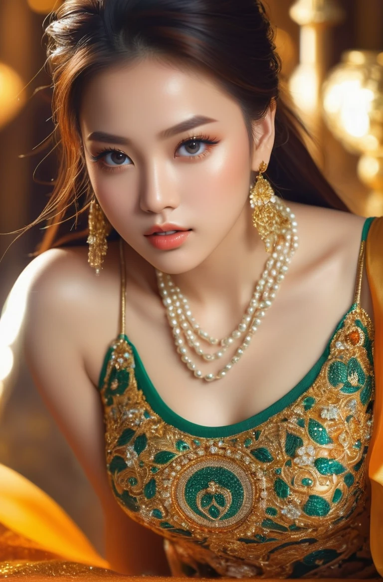 Girl, 16 years old, tall, Beautiful breasts, Big areola, Beautiful abs, Beautiful ass, Healthy skin, seductive expression, double eyelids, plump lips, small cherry mouth, patterns under the eyes, gold pattern tattoo on forehead, dynamic hair, high ponytail, beaded hair clip, layered hair, wet hair, loose hair, Flawless skin texture, real pores, wet skin texture, sweat sweat flowing all over the body, shiny skin, radiant skin, wearing gemstones, pearls, emeralds, amber, eyes looking into the lens, body proportions of a high jump athlete, not obese, not wearing underwear, no socks, no clothes, no shoes, dynamic pose, fighting pose, full body, high legs, legs stretched out, beautiful feet, groomed nails, small and delicate toes , perfect toe, white flowers at the waist, perfect combination with pictures, gemstones, diamonds, pendants, necklaces, waistbands, earrings, earrings, bracelets, jade anklets , Best photo quality, masterpiece, high detail, RAW, realistic, high quality details, rich cinematic lighting, incredible photos, super detailed, high resolution, very detailed detail, best quality, masterpiece, illustration, very detailed, CG, unified, 8k wallpaper, amazing, beautiful details, masterpiece, illuminated face on frame, backlight, cinematic lighting , wide angle lens, clear fish eyes, camera side, view from below the groin,