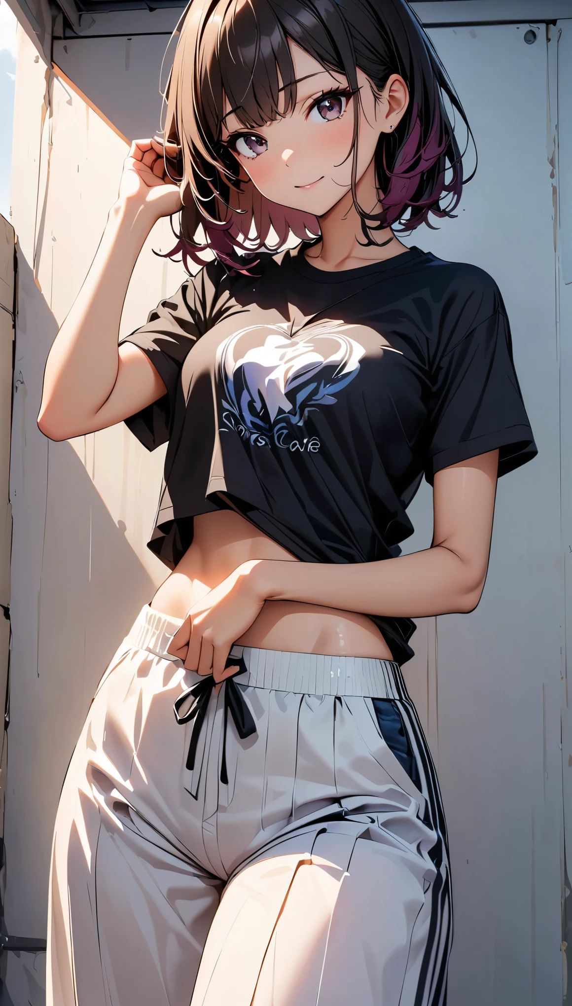 (high quality, 8k, 4k, high contrast, masterpiece:1.2, best quality, best aesthetics), ung woman, (high detail skin:1.2), black hair, reddish brown eyes, slim body shape:1.4, Highly detailed face and skin texture, Beautiful - Glowing Skin, perfect fingers, five fingers, (black cut and sew_T-shirt, wide pants), in front of a white wall, posing, photo shoot,