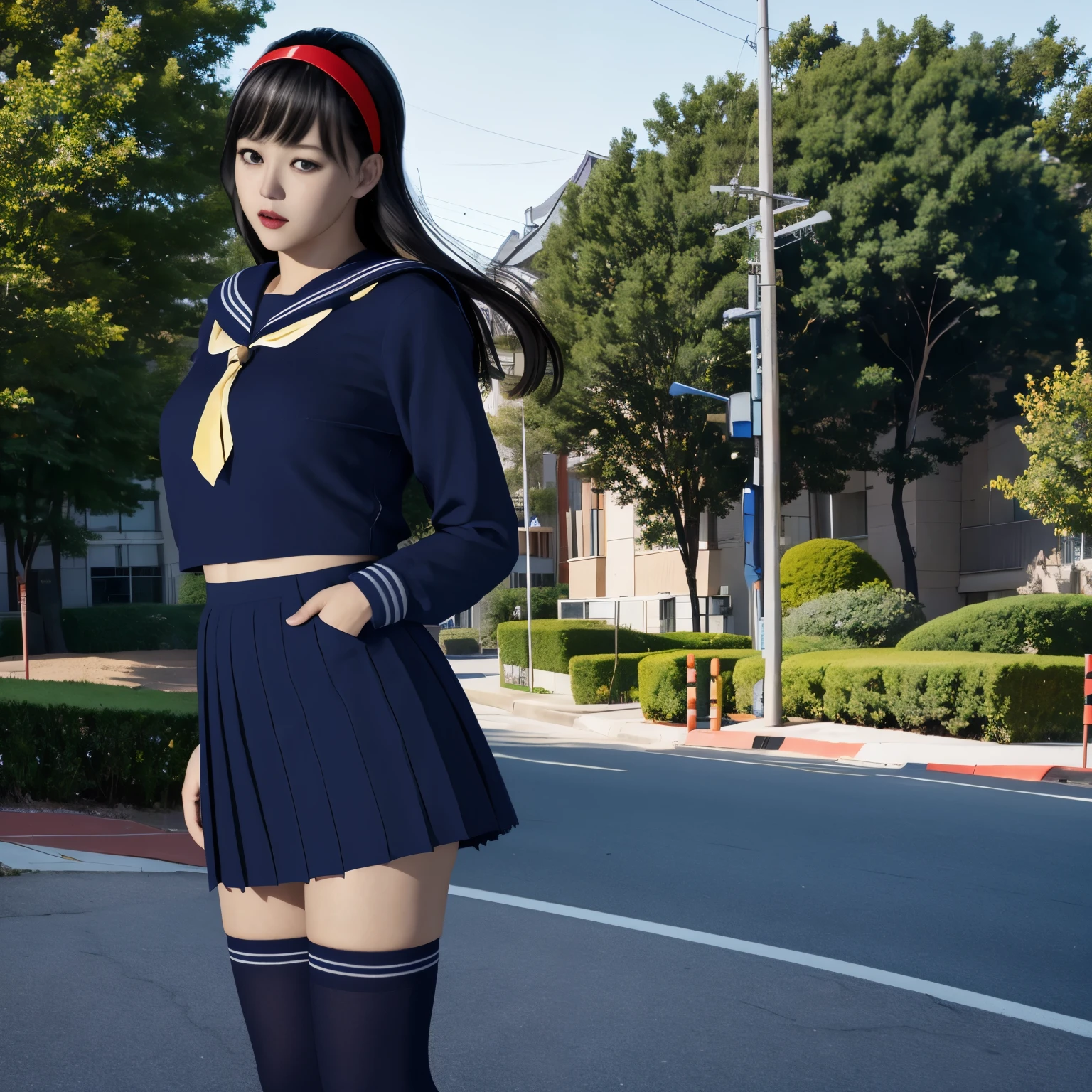 (8K, highest quality, masterpiece:1.2), (realistic, photo-realistic:1.37), Super detailed,highest quality, ultra high resolution, professional lighting, photon mapping, radio city, Physically based rendering, cinematic lighting, midnight road,Depth of written boundary, sharp focus, light, good composition,(beautiful thighs) 1 girl,alone,(whole body), ((high school girl sailor suit、navy knee socks)),fine and beautiful eyes, temporarily stop, tight waist,Japanese high school girl, black hair,messy hair,long hair fluttering in the wind,(Ulzzang-6500:1.2) mix 4,