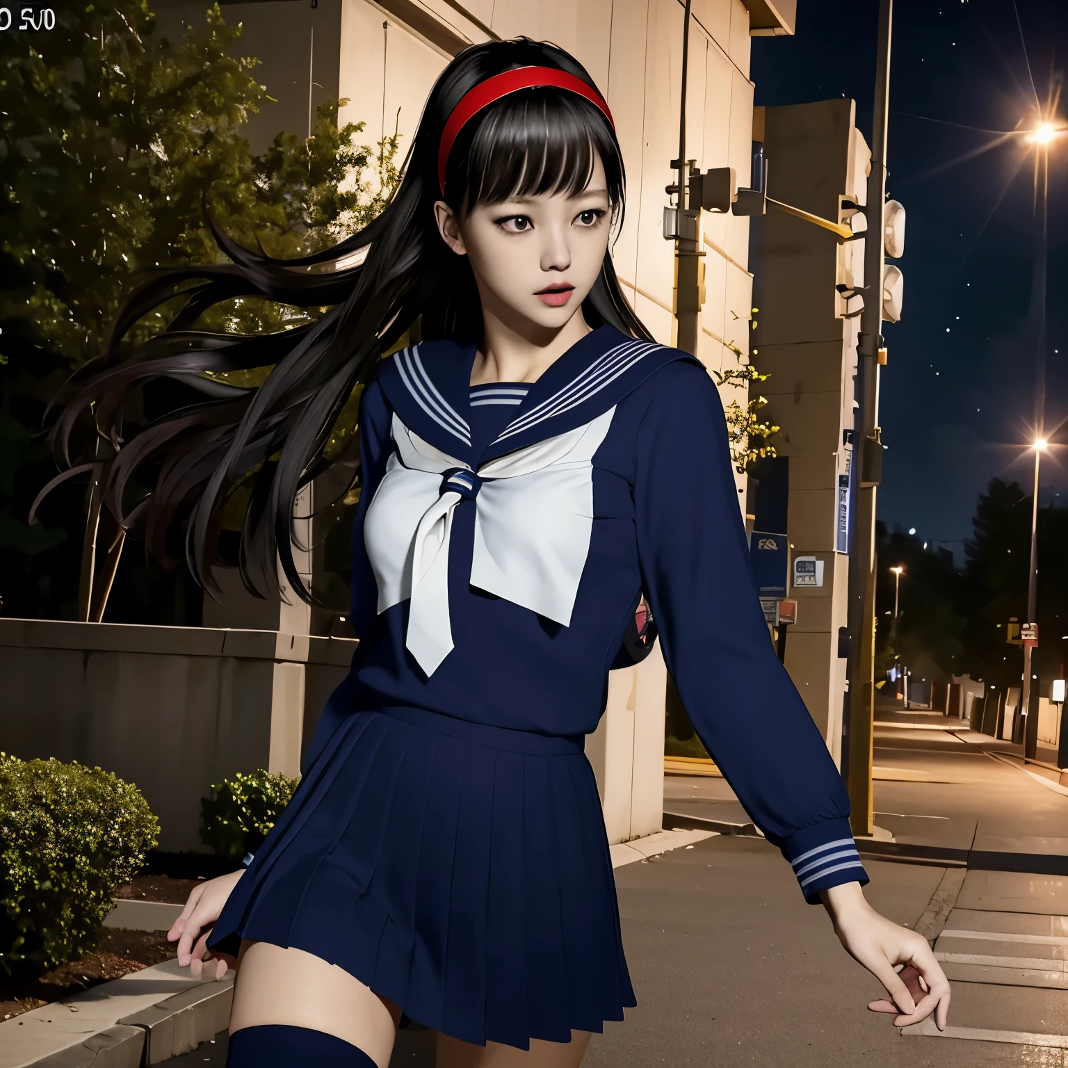 (8K, highest quality, masterpiece:1.2), (realistic, photo-realistic:1.37), Super detailed,highest quality, ultra high resolution, professional lighting, photon mapping, radio city, Physically based rendering, cinematic lighting, midnight road,Depth of written boundary, sharp focus, light, good composition,(beautiful thighs) 1 girl,alone,(whole body), ((high school girl sailor suit、navy knee socks)),fine and beautiful eyes, temporarily stop, tight waist,Japanese high school girl, black hair,messy hair,long hair fluttering in the wind,(Ulzzang-6500:1.2) mix 4, 
