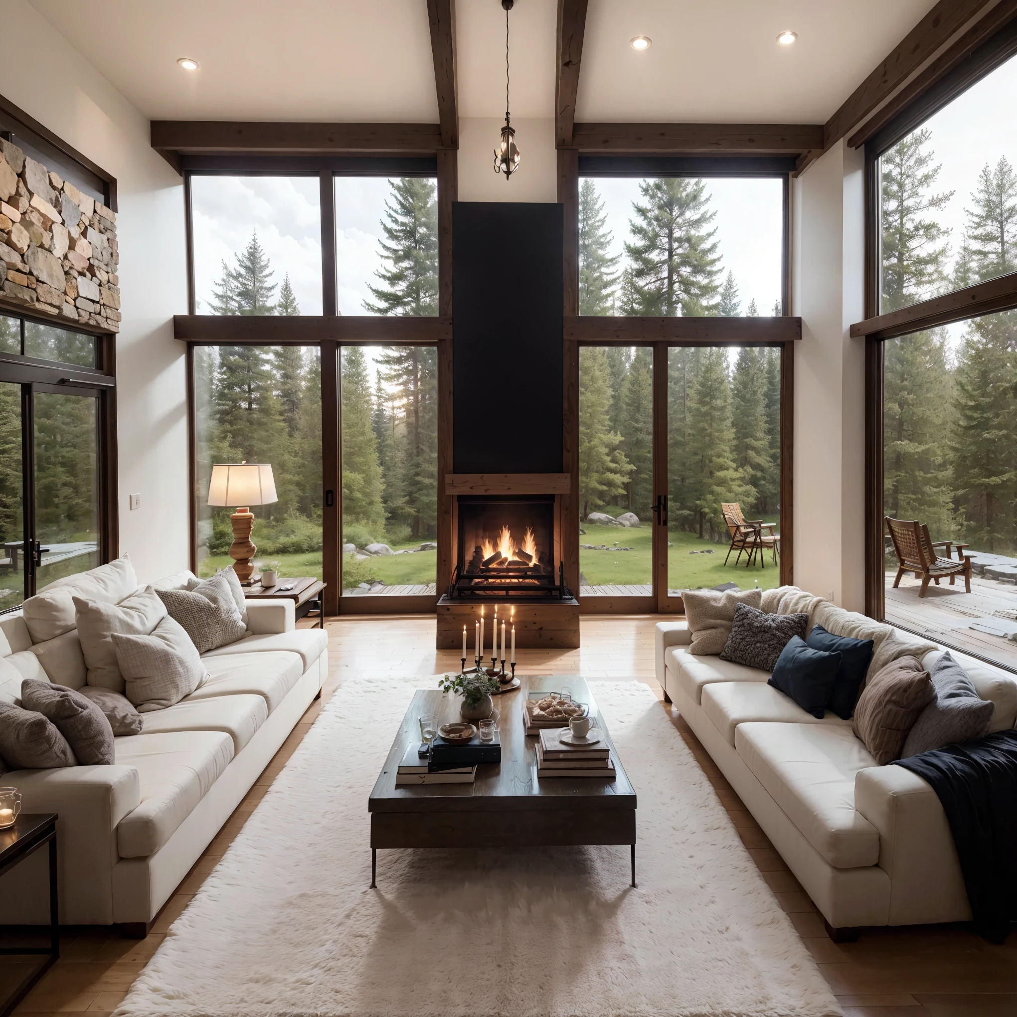 THIS EVENING WOODEN CABIN LIVING ROOM ANIME BACKGROUND, (COZY ATMOSPHERE), (SUBTLE LIGHTING), BRIGHT STONE FIREPLACE FIRE, LIONSKIN RUG THIS EVENING BEST QUALITY, TRANSPARENT GLASS WINDOWS