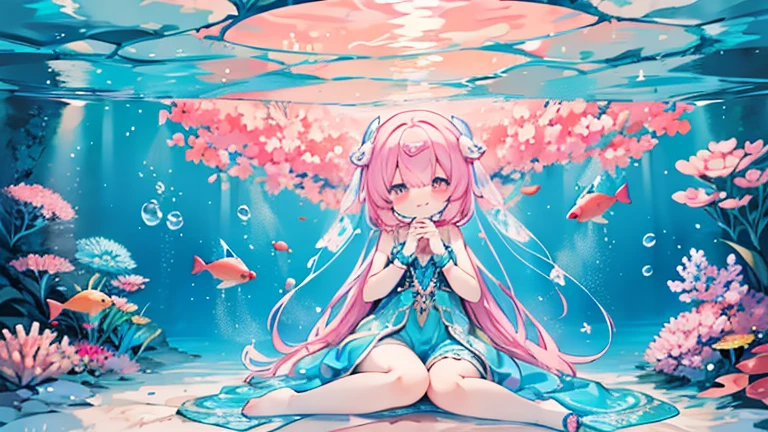 Doll-themed fluttering dress、lots of races、The feel of fish、Blue and pink dress、pink hair、pearlの髪飾り、pearl、Dresses with a lot of decoration、Fish image dress、underwater、coral reef、Postpartum hair accessories、Swaying Dresses、lace gloves、excessive decoration、smile、highest quality、written boundary depth、seafood、beautiful, look up, sitting on the floor, cobblestone, a lot of small fish