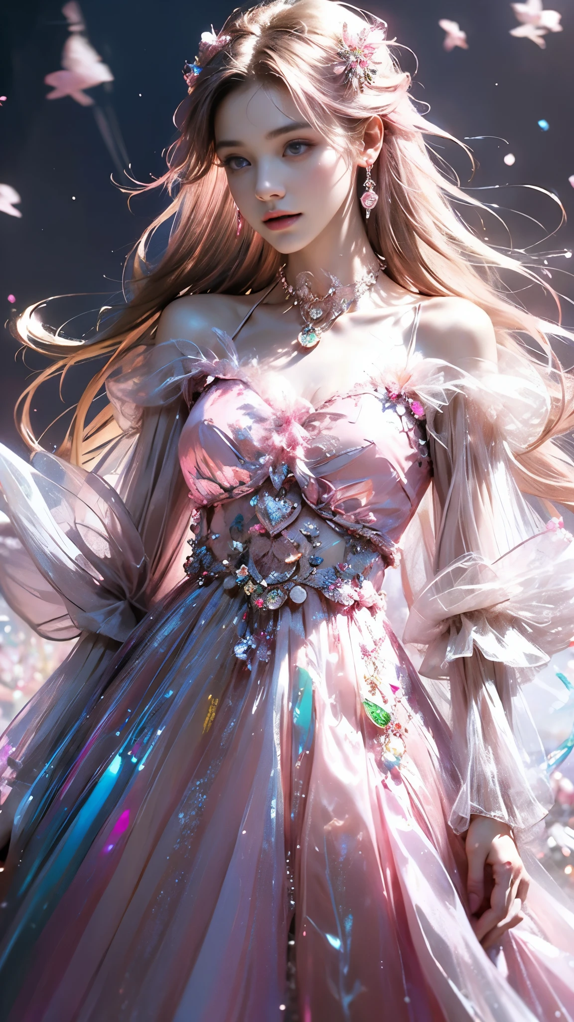 8K, ultra hd, masterpiece, 1 girl, (good face:1.4), detailed eyes, very long hair, impressive hairstyle, earings, necklace, small breasts, (pink dress:1.5), see-through, (fantasy dress:1.5) Light-colored foundation brings out the transparency of the skin, (in the wonderland:1.5), mystery, diwali lights, glowing lights, very decoration, The lights falls like water, perfect front body,