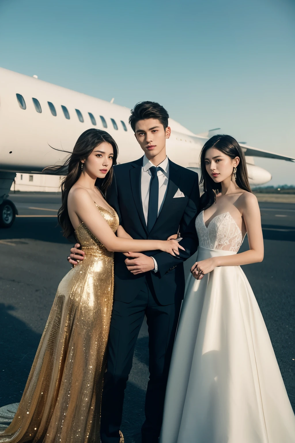 Realistic, Long shot, 4k, high detailed, high quality, Potrait of one man(24 years old) in a suit(in the middle) and 2 girls with luxury dress, standing, perfectly proportioned, intimate, Lovers, close to each other, perfect anatomy, perfect background, perfect face, perfect body, detailed face, look at camera, in front of private jet, outdoor