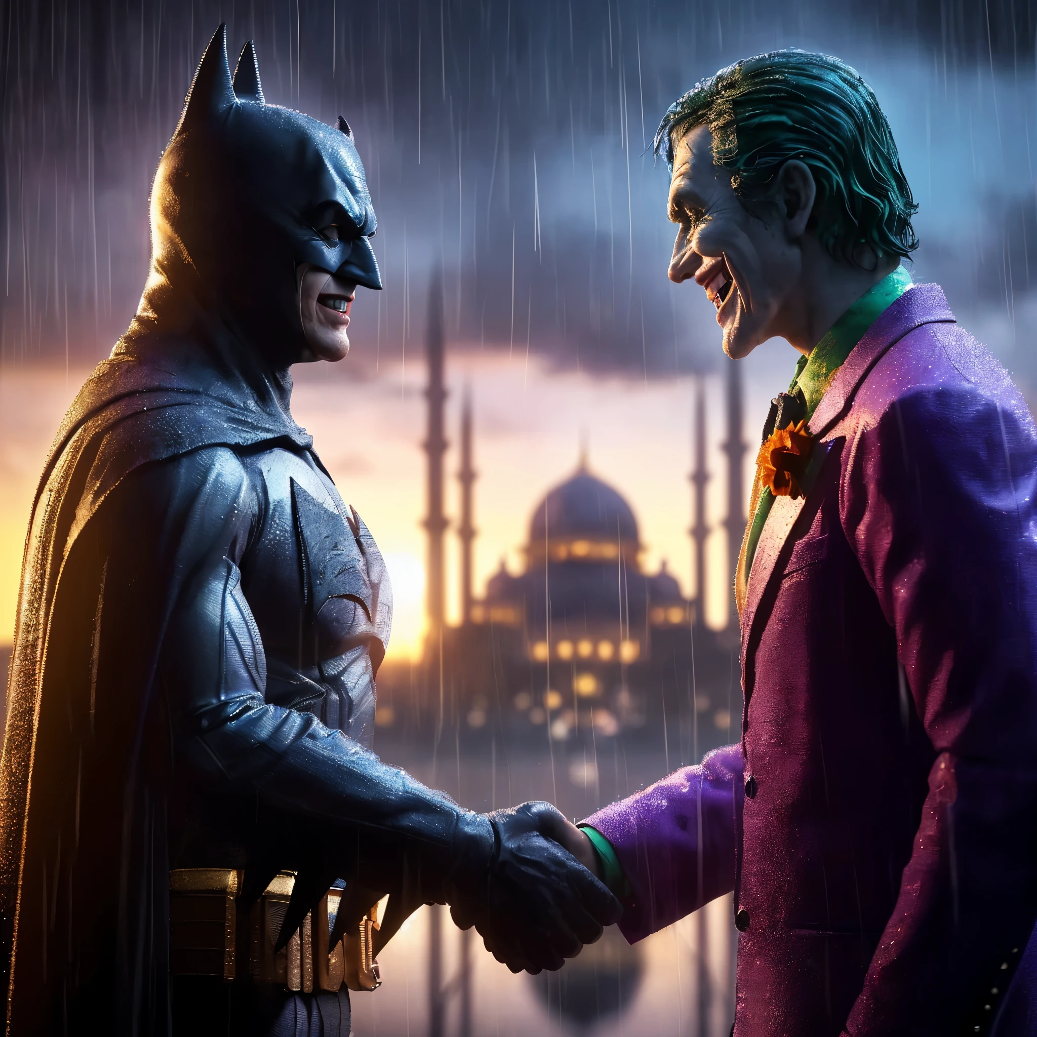 hyper realistic backlight shade dark sky, little rain, inspired by killing joke comic book, brian bolland style expression, 3d illustration of comic book version classic Batman (comic blue-grey costume version) shake hands with classic the joker (comic purple suit version), both of them are smiling, wet clothes, silhouette of an indonesian grande mosque as a far background at the horizon, gloomy feel, sharp focus photography, taken with Fujifilm XF 56mm f/1.2 R Lens. HDR10 8K