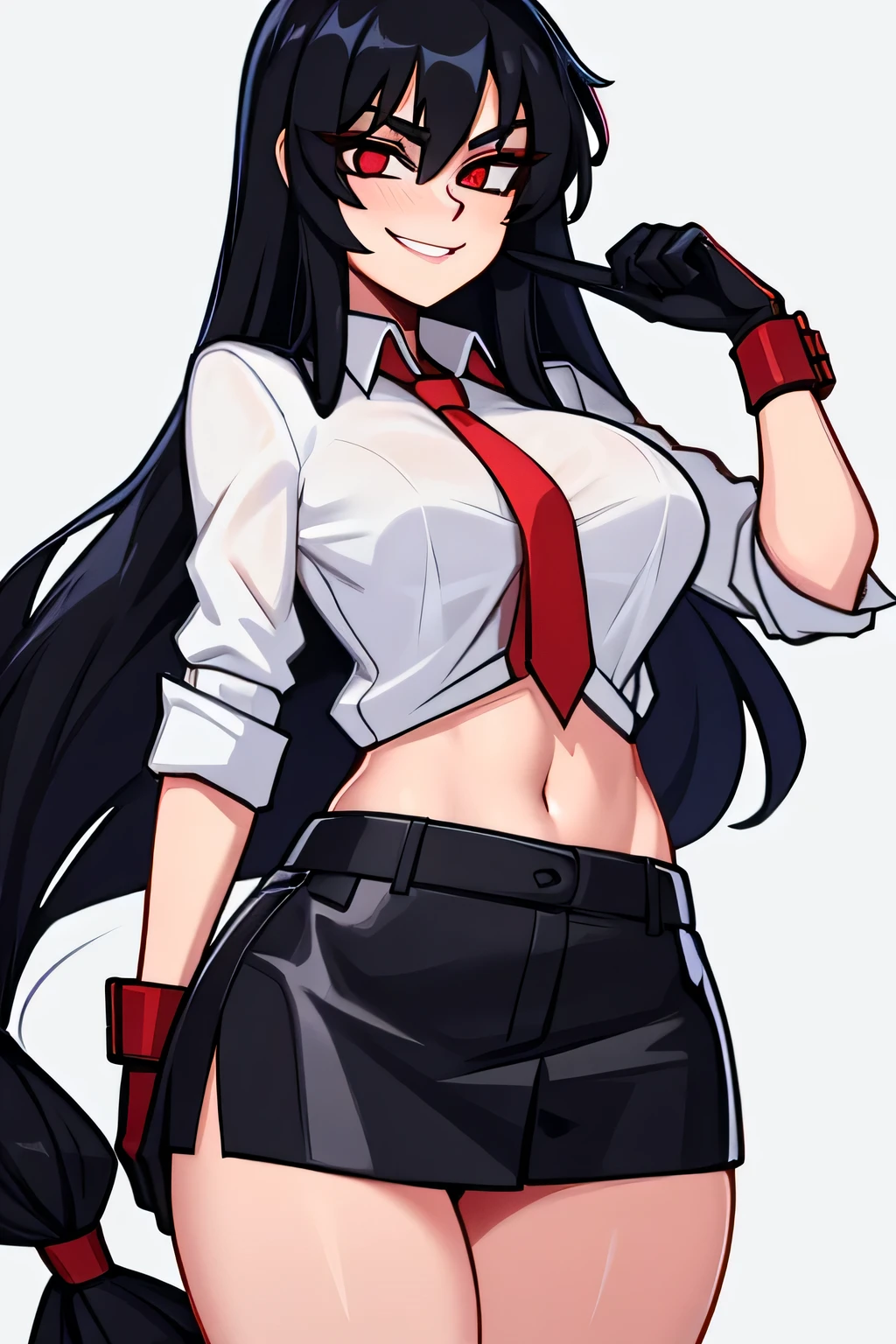 (Cartoon style), ((best quality)), depth of field, (dynamic angle), (blue eyes), 1girl, goth girl:1.2, 18 years old, long black hair, hair in one long braid down to her butt: 1.4, narrow waist, Abs, smile:1.3, navel, medium bust, Choker, tomboy, , mischievous smile:1.3, navel seductive, Penis bulge, skirt,