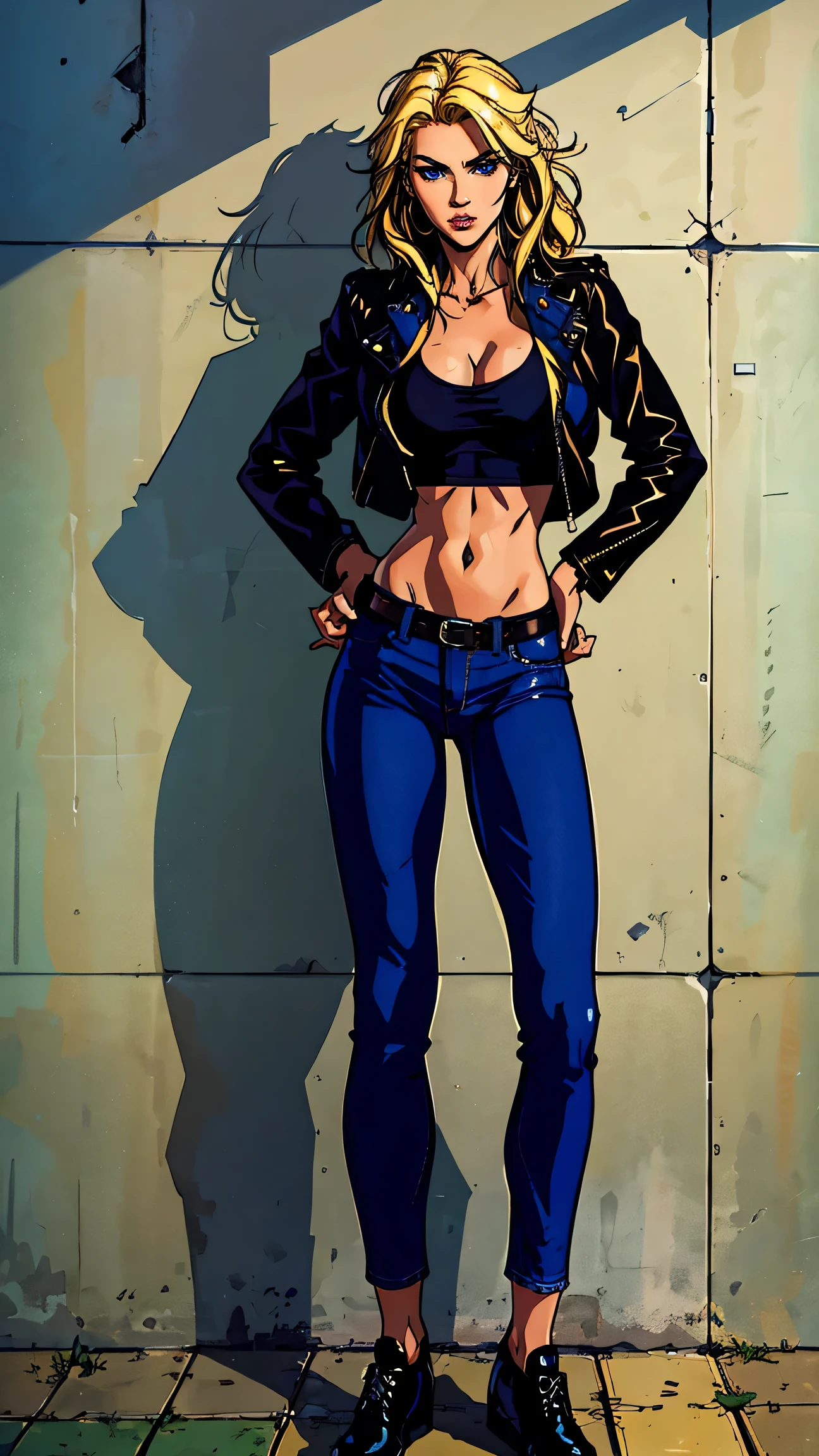 ((Masterpiece)), ((best quality)), very detailed, Detailed background, 1 woman, messy blonde hair , sly face , Slim-fit leather jacket , abdomen, big breasts , Blue jeans , leather shoes , Put your hands on your hips. , wall