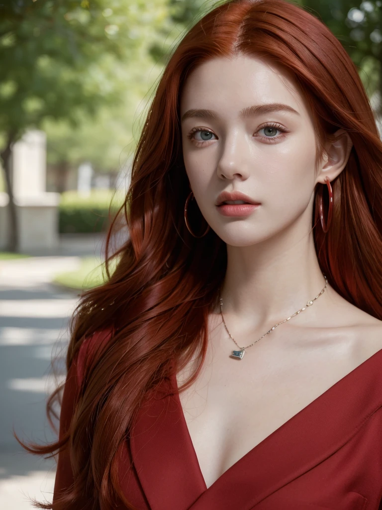 ( masterpiece, top quality, best quality,8k,17 years old girl,ultra detailed,raw photo:1.5),(photorealistic:1.4), (red hair:1.5), (cinematic lighting), PerfectNwsjMajic, , Surrealism, UHD, ccurate, Super detail, textured skin, High detail, Best quality, dynamic angle, (high nose,White skin),[Beautiful blue eyes],[flat chest:large breasts:0.5],(1girl),(good anatomy:0.5)),(outside:1.5), Necklaces,   
