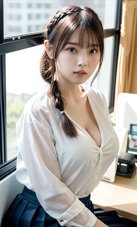masterpiece、highest quality、16K、soft light、professional lighting、Pale shading、Weak contrast、Japanese、beautiful girl、daytime office、Window seat、sitting in front of the computer、White loose see-through blouse、Bra shows through、navy pleated skirt、smooth and beautiful thighs、(big breasts:1.3)、Faint cleavage、fine and beautiful eyes、cute hanging eyes(flower hair ornament,Braided top knot,Twisted side part ponytail braided headband,half up、Braided Space Van,voluminous fishtail braid,Twisted pan),(The bangs are see-through bangs)、