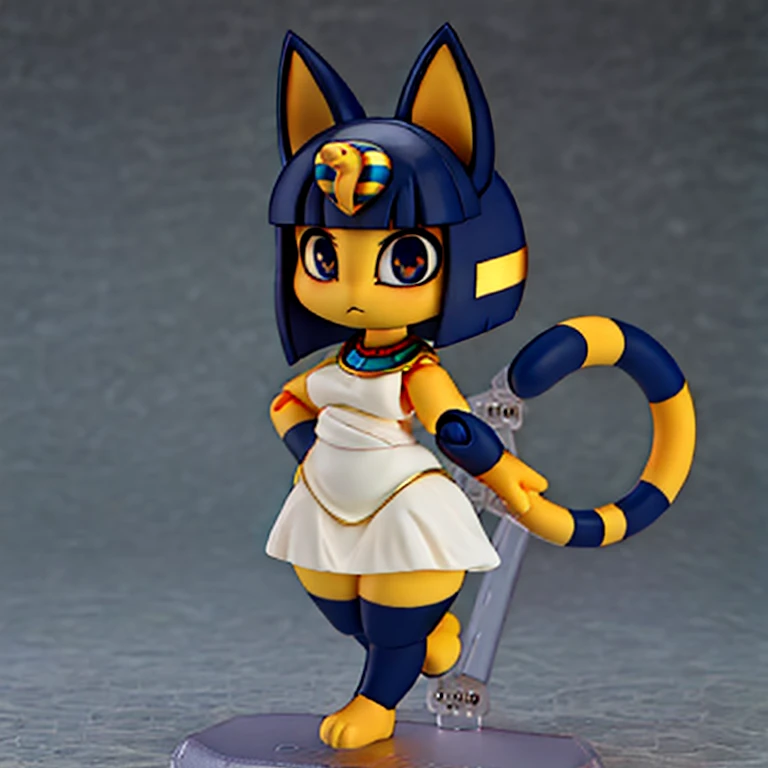 ,Ankha cat Egypt , humanoid , short white tube dress ,Full body , thick Thighs, wide hips, Bandage ,(( yellow body)) ,(( short tail)) , big eyes , Black pupils ,