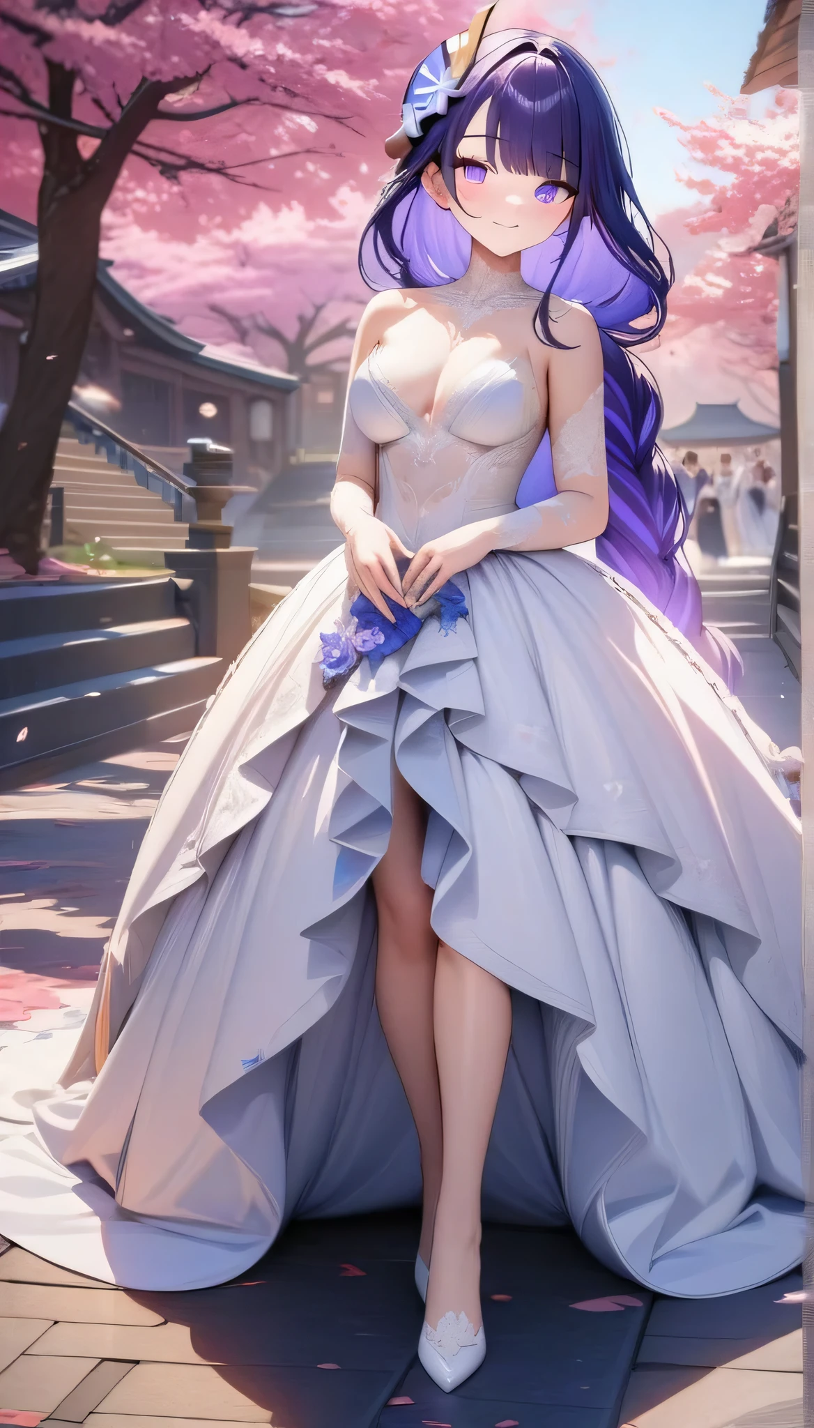 (best quality,4k,8k,highres,masterpiece:1.2),1 girl,purple hair,purple eyes,raiden Shogun from Genshin Impact,ultra-detailed,perfect face,magnificent eyes, Cheerful, smiling, digital art, surrounded by sakura tree, beautiful wedding dress,, Really beautiful wedding dress, full body picture,