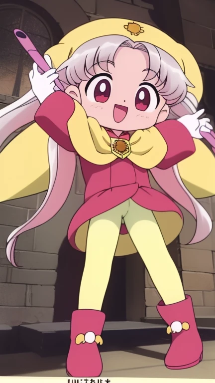 Silver Oujo, 1 girl, alone, yellow_hat, wand, long hair, twin tails, smile, red eyes,  open your mouth, cape, full body, holding,  boots, gray hair, yellow hat, holding wand, pink hair, pantyhose, long sleeve, :d, Are standing, outstretched arm,
Castle in the room, 1 girl, difficult, Chibi, 
masterpiece, expensive quality, very_expensive_solve, big_file size, full color, 1990s \(style\), anime, anime_screen cap, animeーション化された gif, mp4 ,video, animeーション化された,masterpiece, highest quality, soft lighting, confused, looking at the viewer, alone, smile, leather gloves, Thighhighs, white boots, big breasts, whole body,,(NSFW),(spread your legs,she spreads her insides to show her uterus),((arms above head)).,