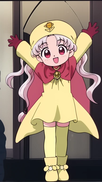 Silver Oujo, 1 girl, alone, yellow_hat, wand, long hair, twin tails, smile, red eyes, open your mouth, cape, full body, holding, boots, gray hair, yellow hat, holding wand, pink hair, pantyhose, long sleeve, :d, Are standing, outstretched arm,
Castle in the room, 1 girl, difficult, Chibi,
masterpiece, expensive quality, very_expensive_solve, big_file size, full color, 1990s \(style\), anime, anime_screen cap, animeーション化された gif, mp4 ,video, animeーション化された,masterpiece, highest quality, soft lighting, confused, looking at the viewer, alone, smile, leather gloves, Thighhighs, white boots, big breasts, whole body,,(NSFW),(spread your legs,she spreads her insides to show her uterus),((arms above head)).,