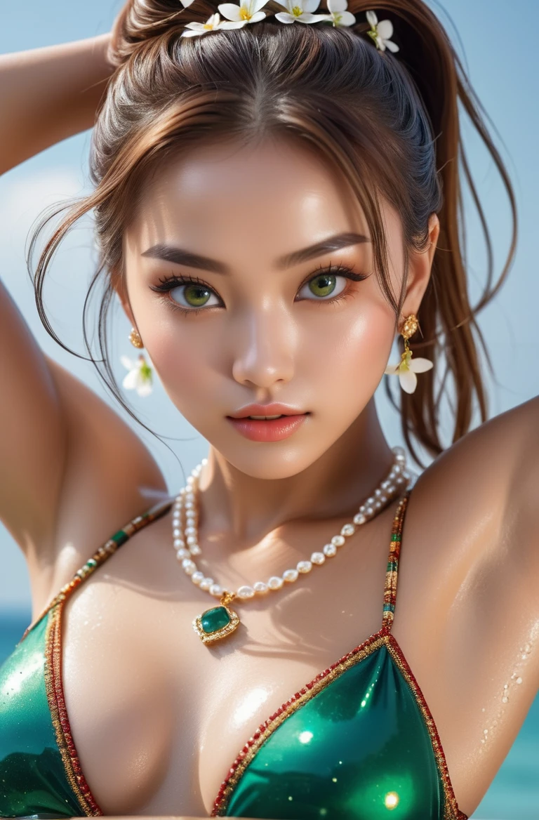 Girl, , tall, Beautiful breasts, Big areola, Beautiful abs, Beautiful ass, Healthy skin, seductive expression, double eyelids, plump lips, small cherry mouth, patterns under the eyes, gold pattern tattoo on forehead, dynamic hair, high ponytail, beaded hair clip, layered hair, wet hair, loose hair, Flawless skin texture, real pores, wet skin texture, sweat sweat flowing all over the body, shiny skin, radiant skin, wearing gemstones, pearls, emeralds, amber, eyes looking into the lens, body proportions of a high jump athlete, not obese, not wearing underwear, no socks, no clothes, no shoes, dynamic pose, fighting pose, full body, high legs, legs stretched out, beautiful feet, groomed nails, small and delicate toes , perfect toe, white flowers at the waist, perfect combination with pictures, gemstones, diamonds, pendants, necklaces, waistbands, earrings, earrings, bracelets, jade anklets , Best photo quality, masterpiece, high detail, RAW, realistic, high quality details, rich cinematic lighting, incredible photos, super detailed, high resolution, very detailed detail, best quality, masterpiece, illustration, very detailed, CG, unified, 8k wallpaper, amazing, beautiful details, masterpiece, illuminated face on frame, backlight, cinematic lighting , wide angle lens, clear fish eyes, camera side, view from below the groin,