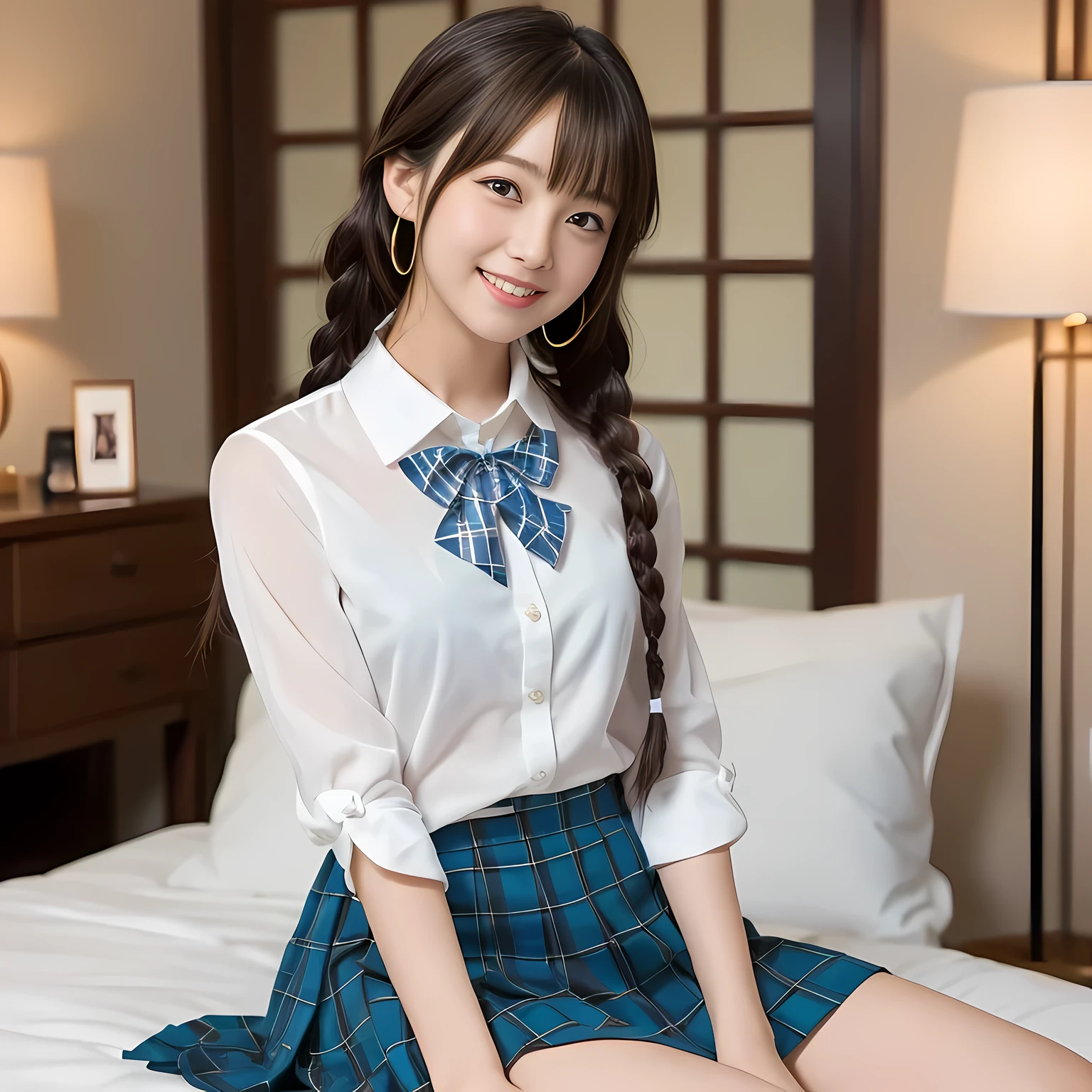 (highest quality、masterpiece:1.2)、highest quality、realistic、photograph、High resolution、1080p、8K、Pale, rough skin、The face is especially pale., physical rendering、((Height: 155cm)), one Japanese girl、Japanese  high school student sitting on a luxurious pink bed、cute japanese girl, 14 yea(big very detailed beautiful dark brown eyes))), ((blue girly large wine-red glossy polyester Japanese school ribbon bow tie)), ((((very beautiful black long braids hair)))), ((((deep blue colored tartan checkered formal long pleated pleated skirt)))), ((Shiny beige blouse)), (((Looking at the viewers with loving eyes, smiling))), Very fun, ((((Very happy)))), mouth is open, The big skirt is very cute, detailed fingers, modest chest, ((curled bangs)), so beautiful, long eyelashes, ((Very big and very very very cute eyes of a Japanese girl)), ((large pupils)), double eyelids, The entire skirt is photographed, Very cute face, thin eyebrows, ((drooping eyes)), ((long eyelashes)), ((cute lovely cheeks)), ((The pure white light hits her face from the front, making her skin and eyes shine beautifully.)), (((((A clean and intelligent appearance))))), shot from the side