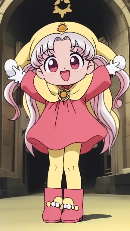 Silver Oujo, 1 girl, alone, yellow_hat, wand, long hair, twin tails, smile, red eyes,  open your mouth, cape, full body, holding,  boots, gray hair, yellow hat, holding wand, pink hair, pantyhose, long sleeve, :d, Are standing, outstretched arm,
Castle in the room, 1 girl, difficult, Chibi, 
masterpiece, expensive quality, very_expensive_solve, big_file size, full color, 1990s \(style\), anime, anime_screen cap, animeーション化された gif, mp4 ,video, animeーション化された,masterpiece, highest quality, soft lighting, confused, looking at the viewer, alone, smile, leather gloves, Thighhighs, white boots, big breasts, whole body,,(NSFW),(spread your legs,she spreads her insides to show her uterus),((arms above head)).,