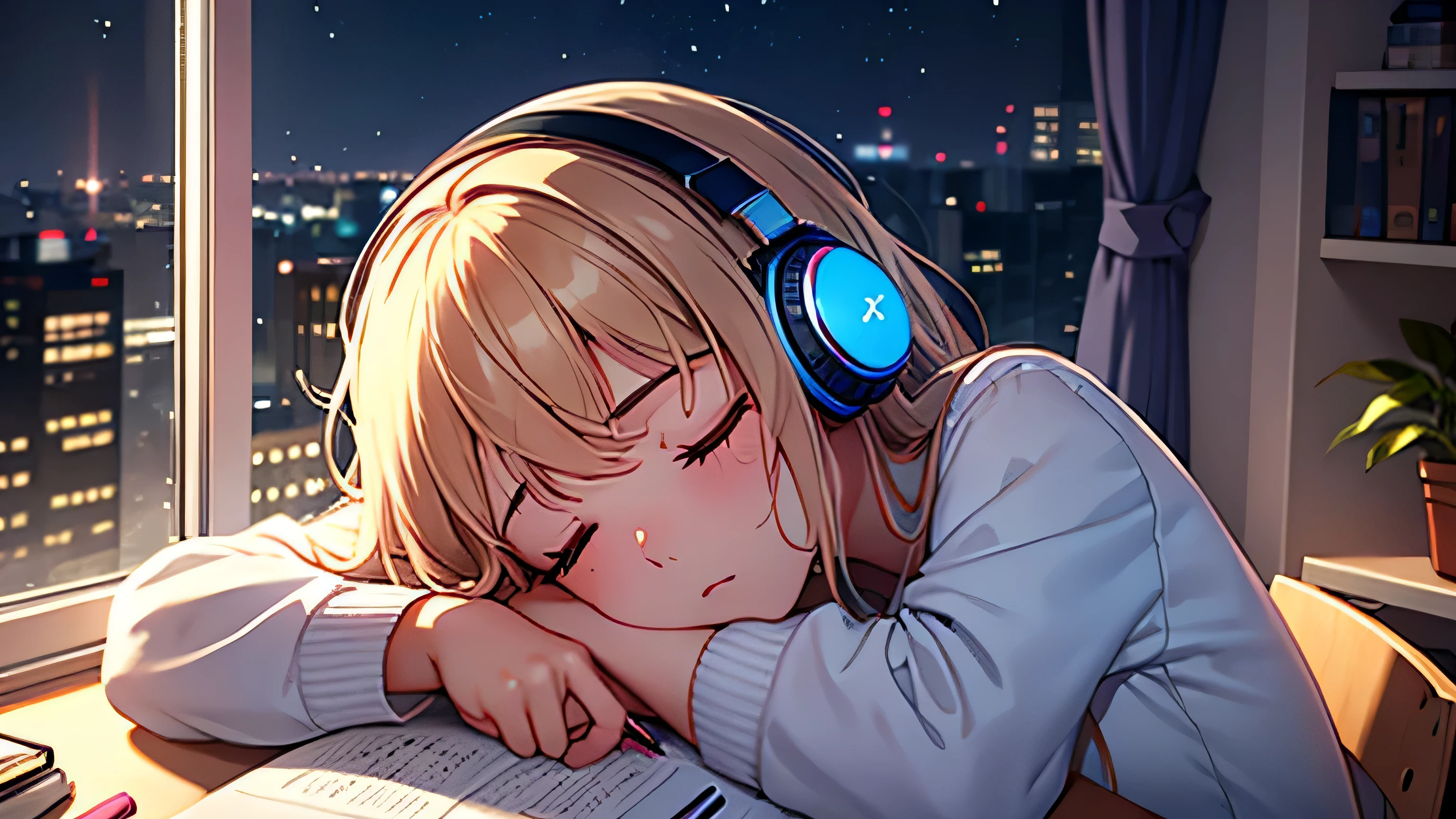 A beautiful girl wearing headphones falls asleep while sitting at her desk　Night view in the window　faint light　Cup　Note　pen　