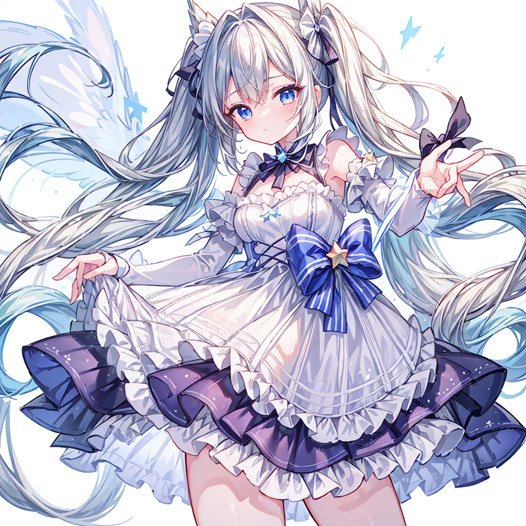 Star Fairy、((masterpiece)), ((best quality)), ((ultra detailed)), cute girl, Gray hair, beautiful blue eyes, maid costume, ribbons, angel wing, 🤍, ((simple white background))