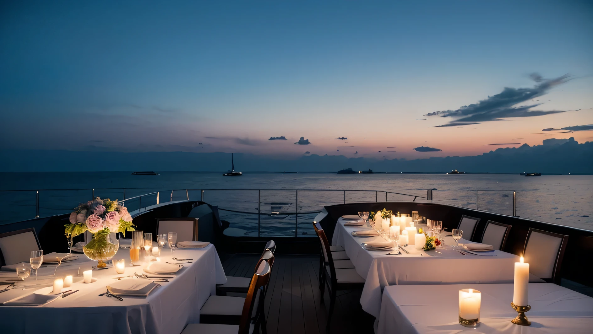 A large scene picture。A large area of sky needs to be exposed,evening,There is a yacht on the sea,Dinner on the yacht deck,The atmosphere is very romantic,Flowers on the yacht,Candles and a lady in a black evening dress holding a wine glass。The picture needs to be high resolution。