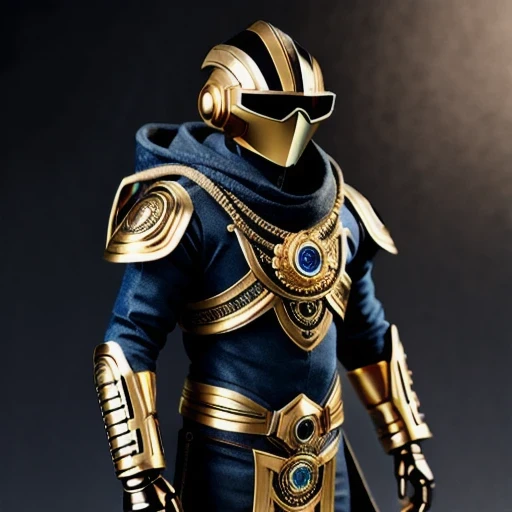 Brilliant Gold Diamond Maya Star（（Rosewood））Copper weapons, Burlap Cloak Mummy Hood Platinum Silk Cyberpunk Light Crossbow Space Station 1:90 miniature models, illustration, Side view, (Side view), Wear gold-rimmed reflective sunglasses, Carrying future weapons, very happy, Side view, whole body, 3d, (Black and white checkered glasses) octane rendering, perfect appearance, Collagen protein（（（denim）））