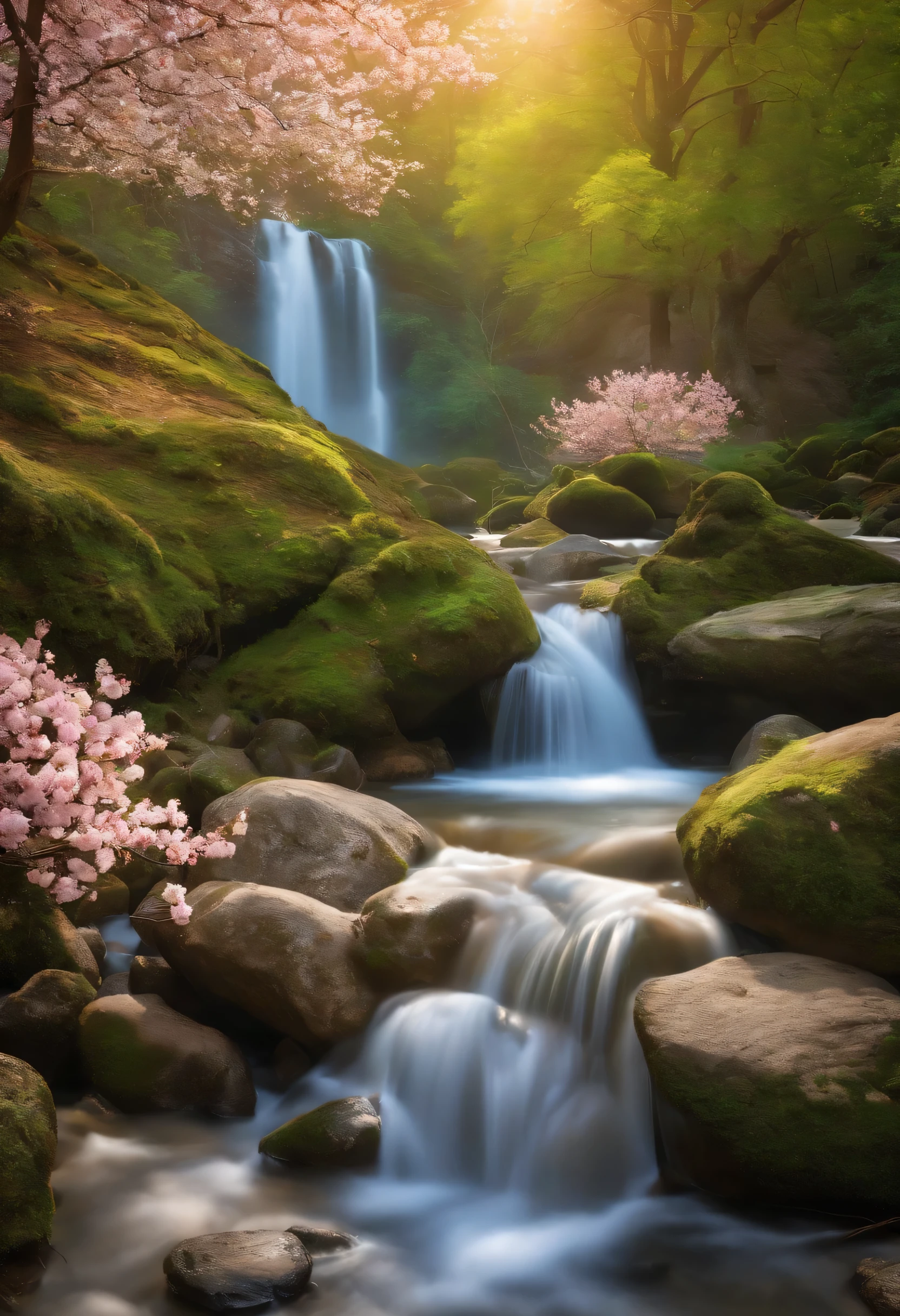 Photo quality, a masterpiece, depicts a charming scene of a spring grove with cherry blossoms in bloom. Beautiful cherry blossom colors tint the landscape. Around the forest, a vast flower garden radiates joy, mixing white roses, yellow and blue, standing out amidst a sea of bright colors. In the heart of the forest, there is a quiet fountain, surrounded by rocks fringing the shore. A graceful waterfall cascades gently into the foothill, creating a soothing sound of running water. The crystal-clear waterfall is reflected in the blue spring sky and cherry blossoms. A beautiful woman explores this enchanting landscape, and butterflies of various colors and sizes flutter in the sky, adding magic to the scenery. Their delicate wings catch the sun's rays and create an enchanting spectacle of movement and color in the tranquil surroundings of the forest.