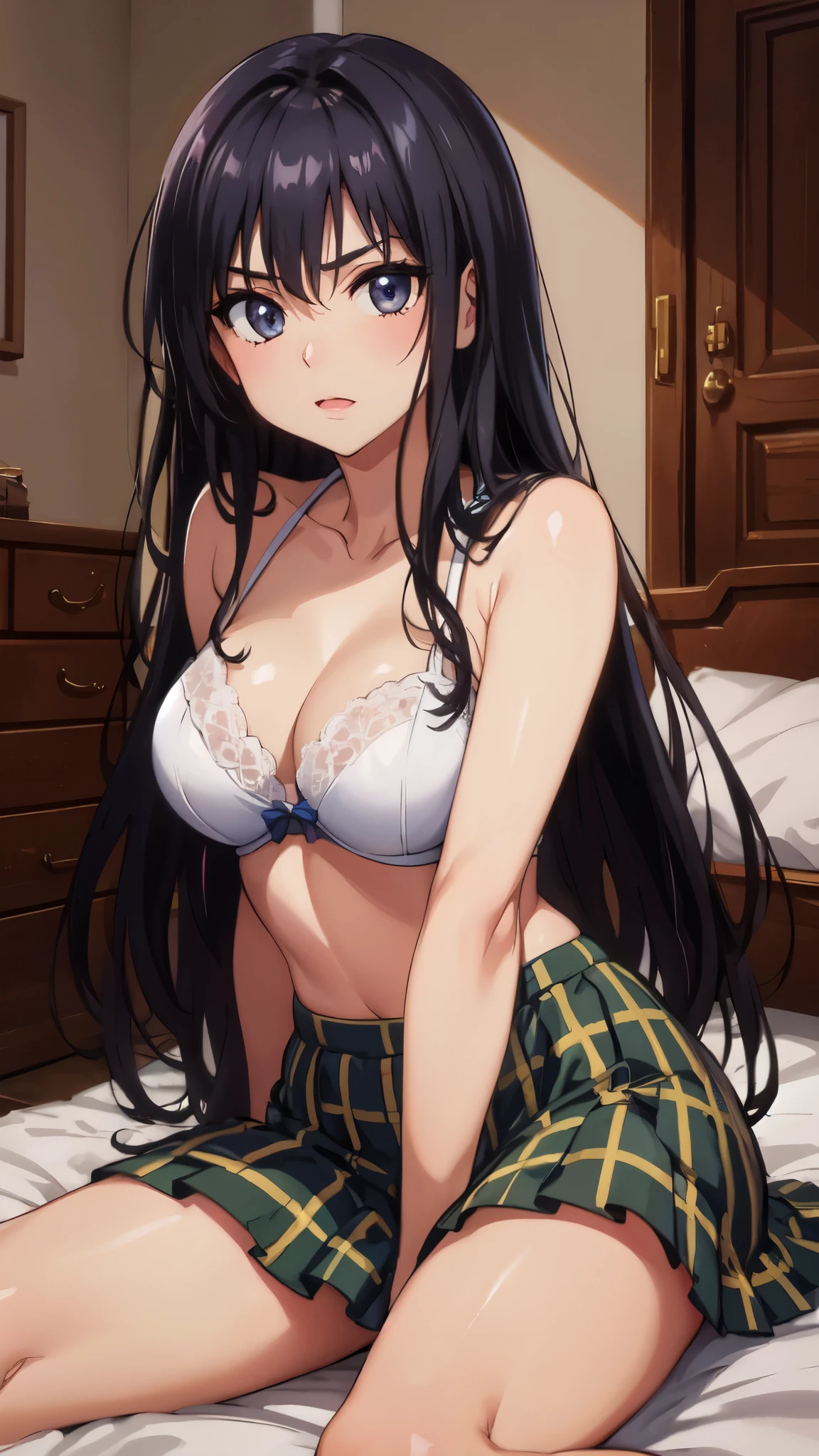 (masterpiece,Highest image quality,highest quality:1.3),(8k:1.4), defYui,,(slender:1.3),(white lace underwear), plaid mini skirt, (beautiful neck,beautiful clavicle),big breasts, vivid color,(indoor, Bedroom;1.3), blue sky, sitting on the bed,embarrassing, looking at the viewer, cowboy shot, head tilt
