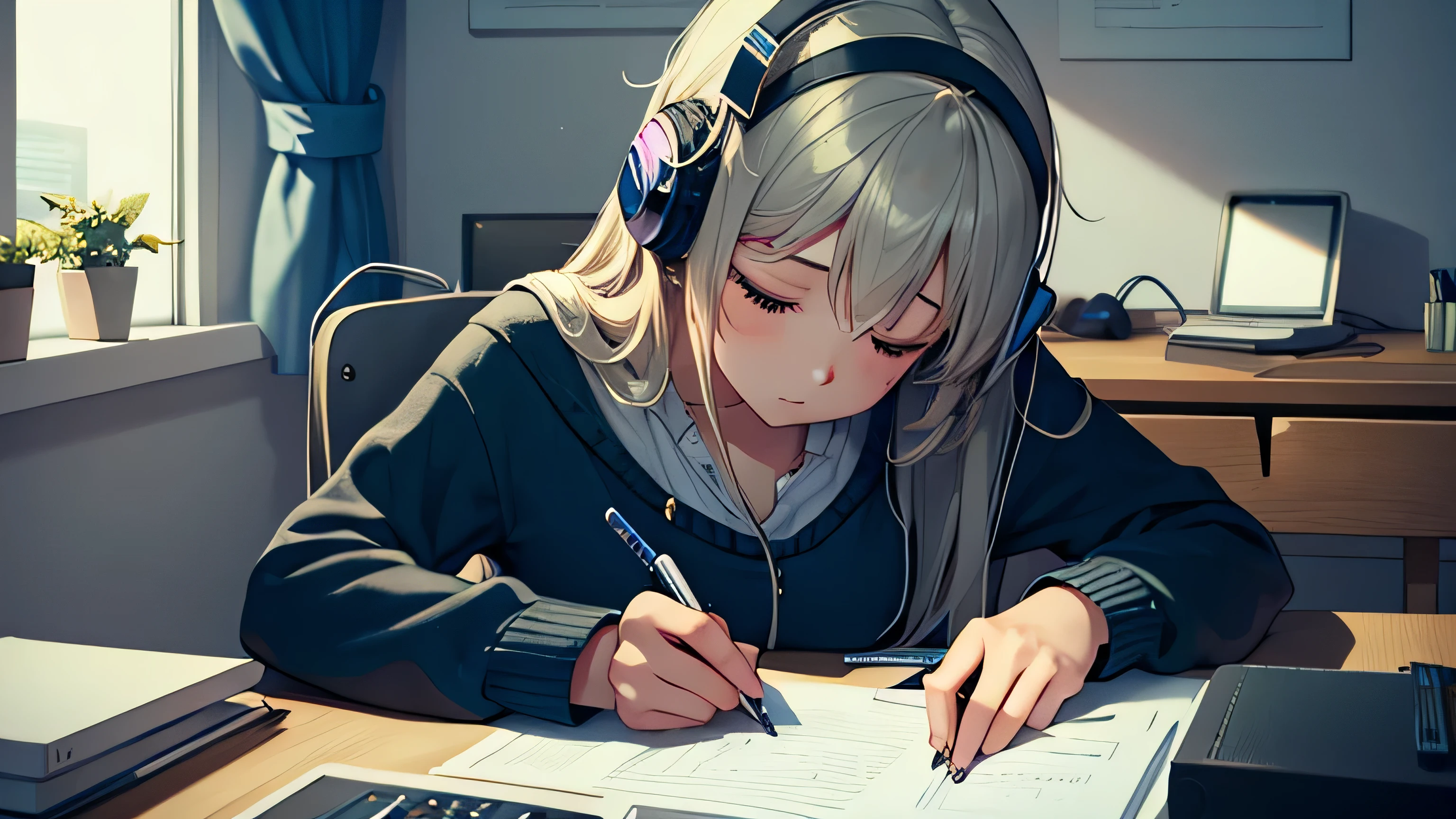 A beautiful girl wearing headphones falls asleep while sitting at her desk night room faint light Cup Note pen