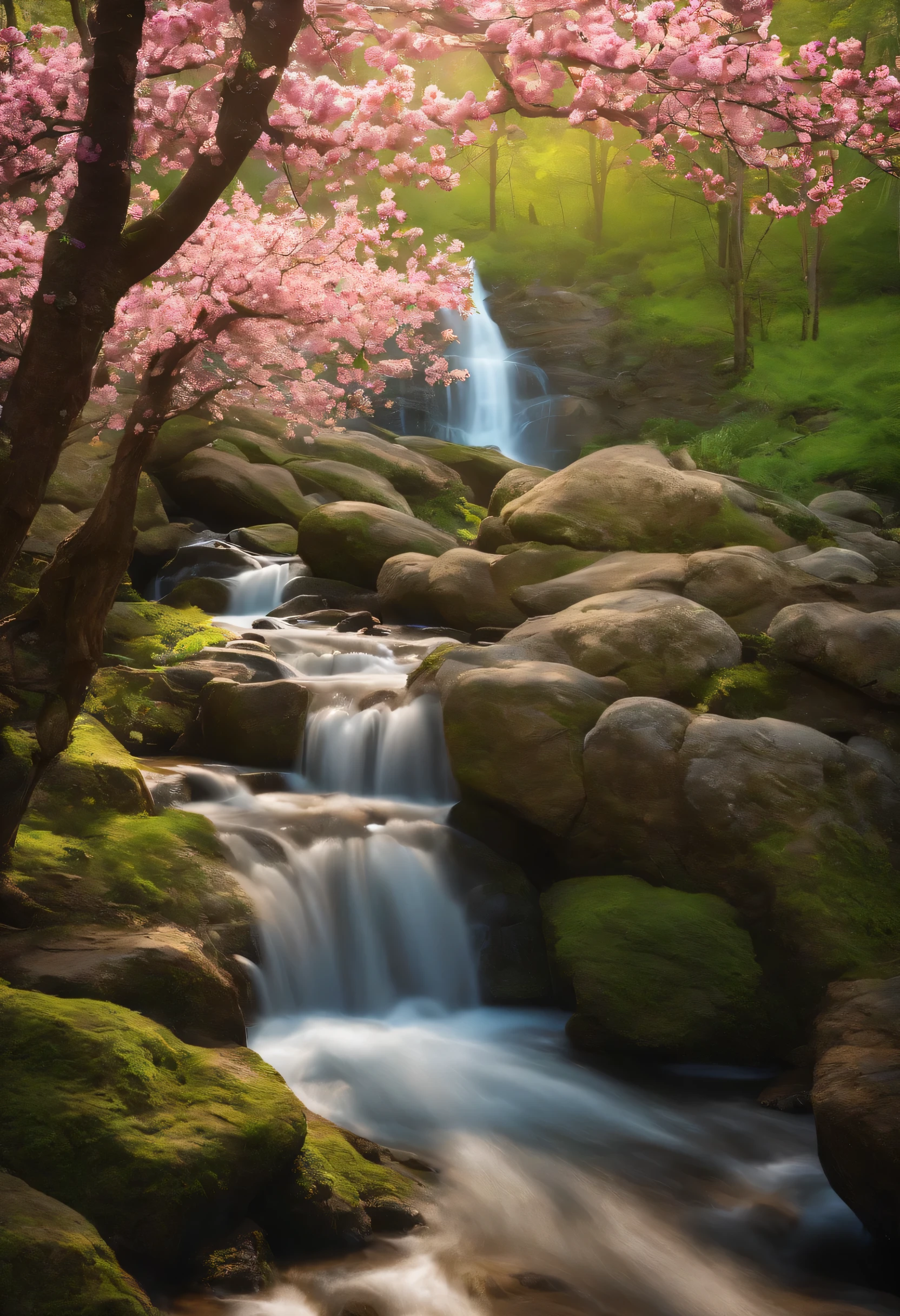 Photo quality, a masterpiece, depicts a charming scene of a spring grove with cherry blossoms in bloom. Beautiful cherry blossom colors tint the landscape. Around the forest, a vast flower garden radiates joy, mixing white roses, yellow and blue, standing out amidst a sea of bright colors. In the heart of the forest, there is a quiet fountain, surrounded by rocks fringing the shore. A graceful waterfall cascades gently into the foothill, creating a soothing sound of running water. The crystal-clear waterfall is reflected in the blue spring sky and cherry blossoms. Butterflies of various colors and sizes flutter in the sky, adding magic to the scenery. Their delicate wings catch the sun's rays, creating an enchanting spectacle of movement and color in the tranquil setting of the forest. A beautiful white woman alone explores this enchanting landscape. She is wearing shorts and a hat.