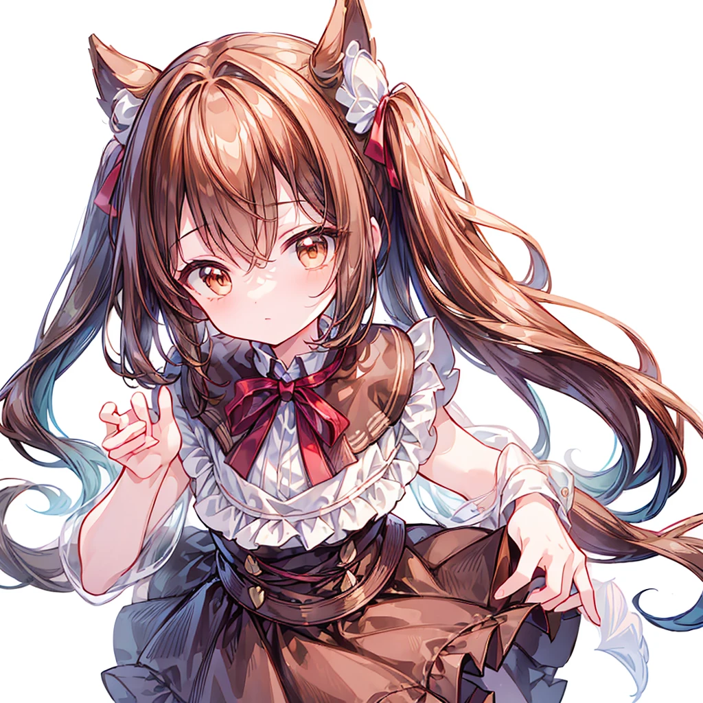 ((masterpiece)), ((best quality)), ((ultra detailed)), cute girl, brown long hair, beautiful brown eyes, maid costume, ribbons, angel wing, 🤍, ((simple white background))