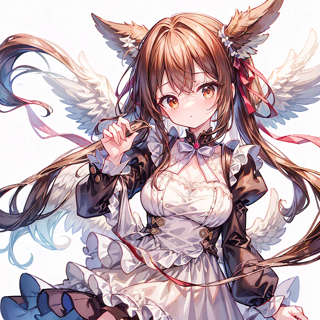 ((masterpiece)), ((best quality)), ((ultra detailed)), cute girl, brown long hair, beautiful brown eyes, maid costume, ribbons, angel wing, 🤍, ((simple white background))