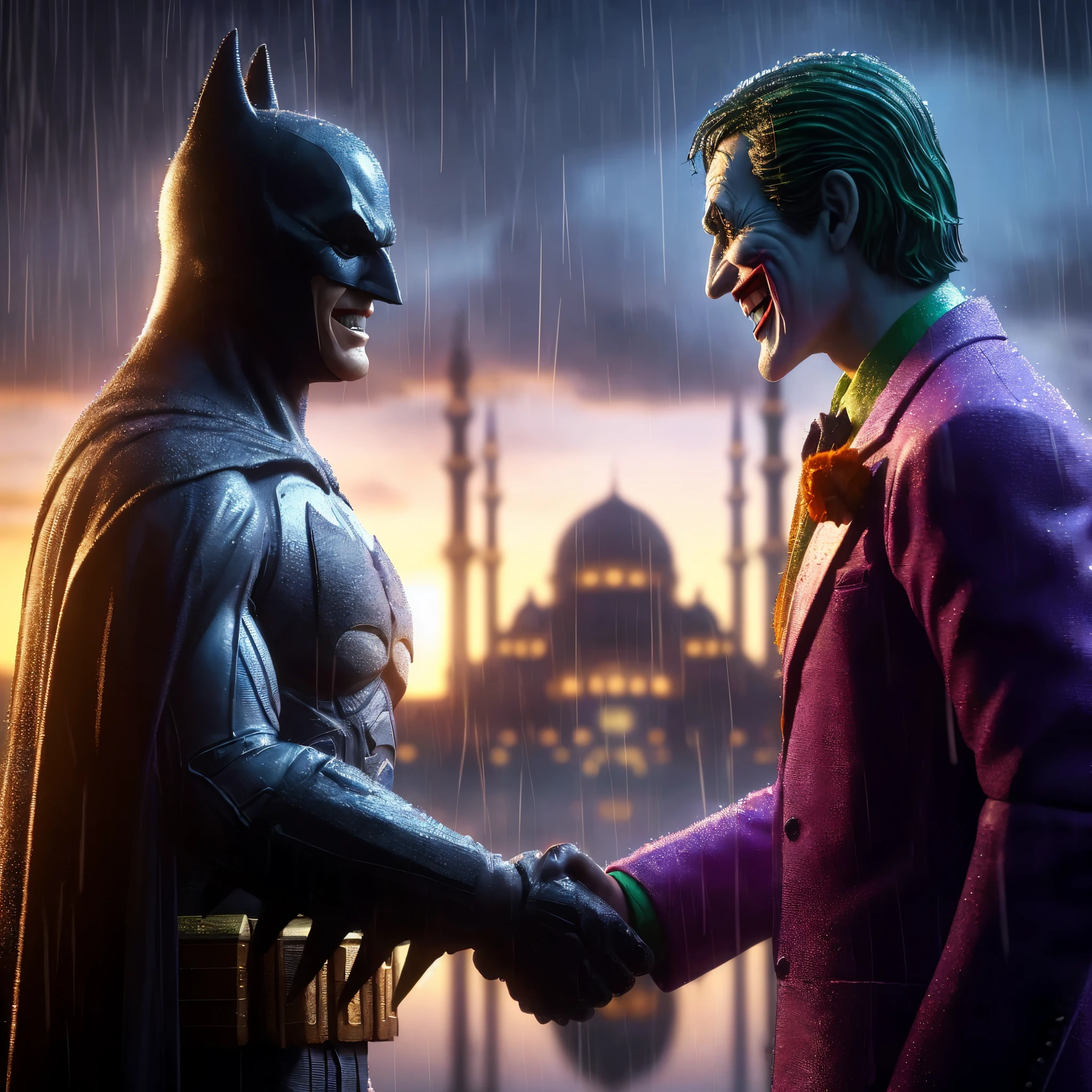 hyper realistic backlight shade dark sky, little rain, inspired by killing joke comic book, brian bolland style expression, 3d illustration of comic book version classic Batman (comic blue-grey costume version) shake hands with classic the joker (comic purple suit version), both of them are smiling, wet clothes, silhouette of an indonesian grande mosque as a far background at the horizon, gloomy feel, sharp focus photography, taken with Fujifilm XF 56mm f/1.2 R Lens. HDR10 8K