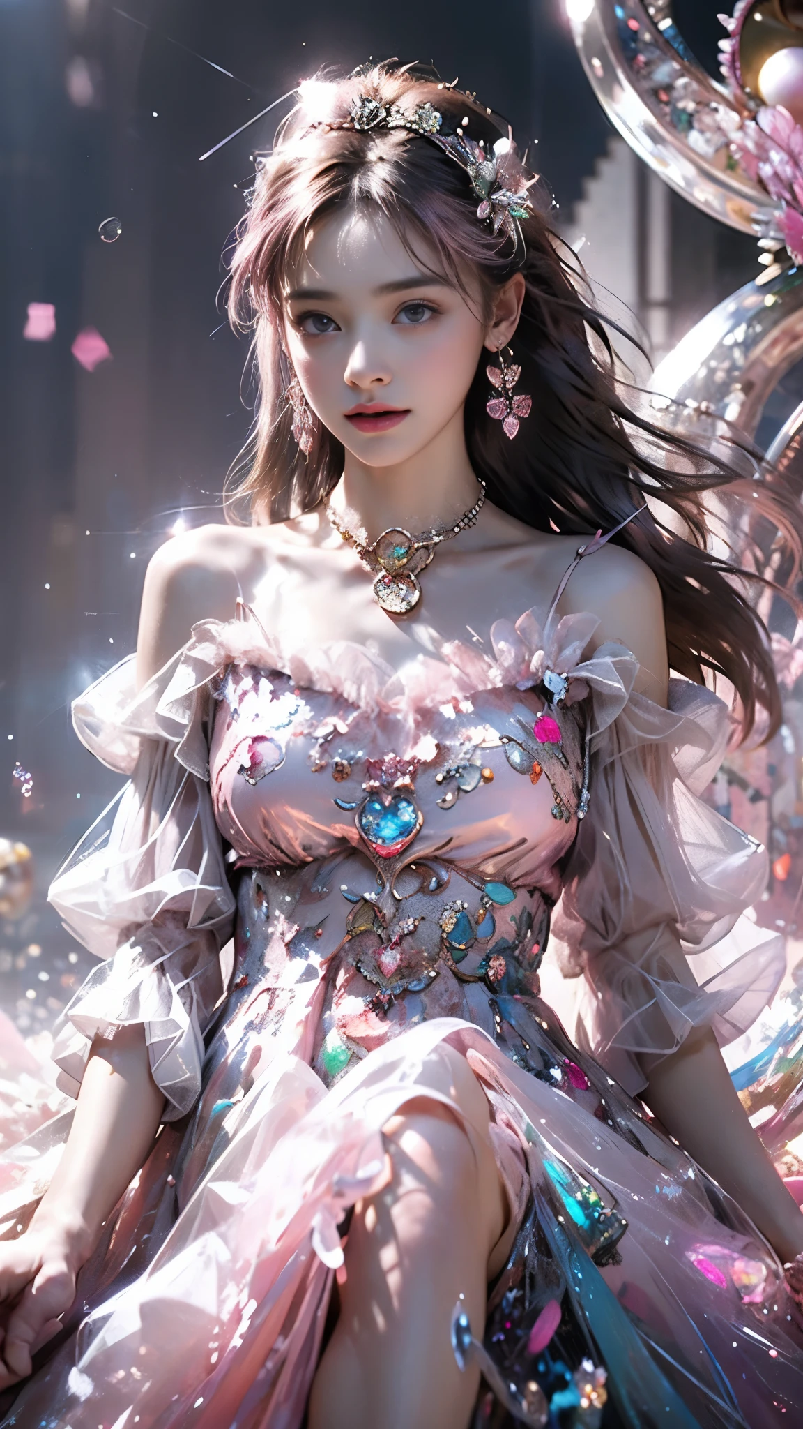 8K, ultra hd, masterpiece, 1 girl, (good face:1.4), detailed eyes, very long hair, impressive hairstyle, earings, necklace, small breasts, (pink dress:1.5), see-through, (fantasy dress:1.5) Light-colored foundation brings out the transparency of the skin, (in the wonderland:1.5), mystery, diwali lights, glowing lights, very decoration, The lights falls like water, perfect front body, sitting,