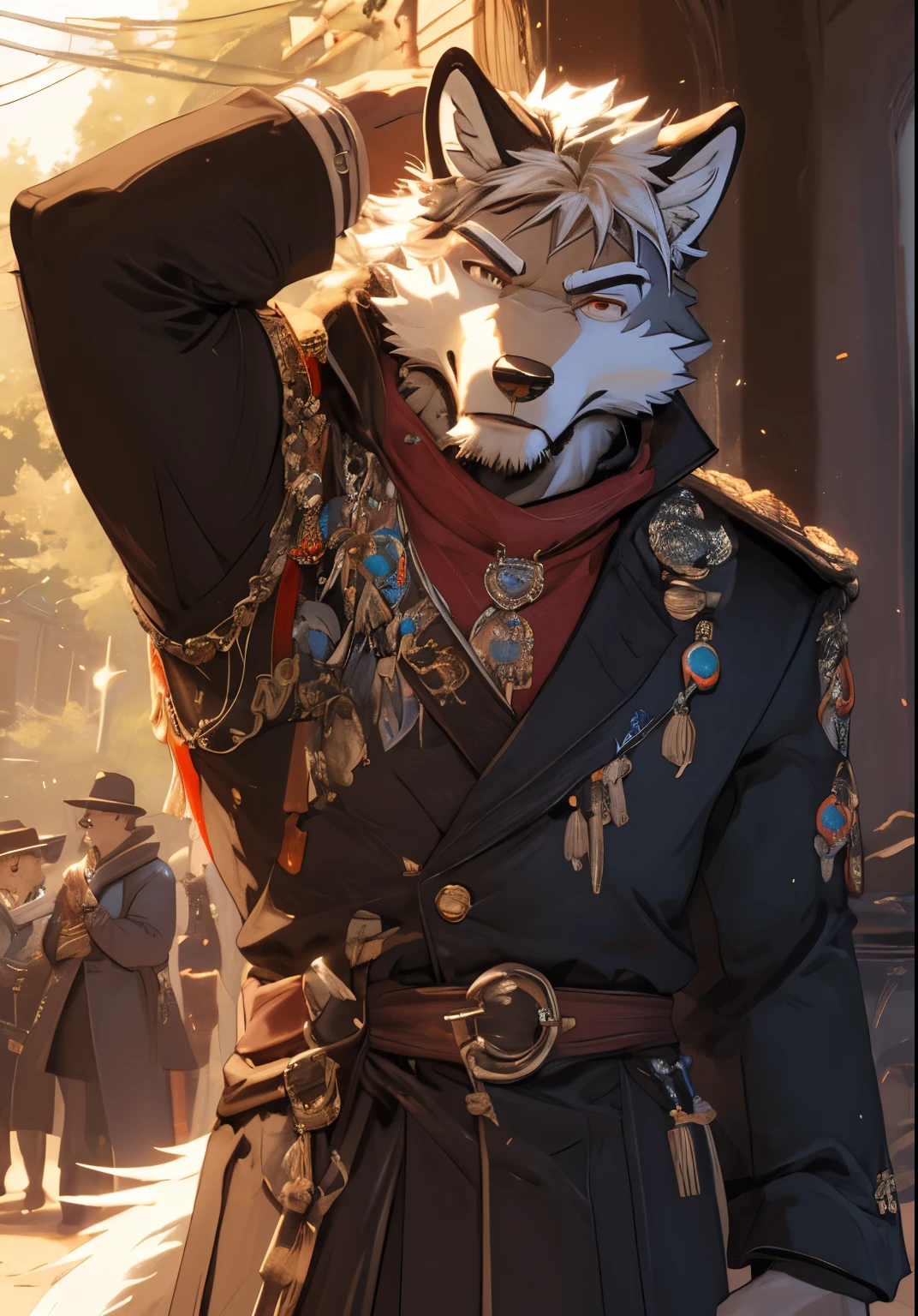 (masterpiece),(Very detailed),(high detail),(best quality),hairy,white fur,white hair,sunglasses,8k,((high quality)),(bounded:1.2),Hands behind head,Wolf,((In front of a tree in the park)),
