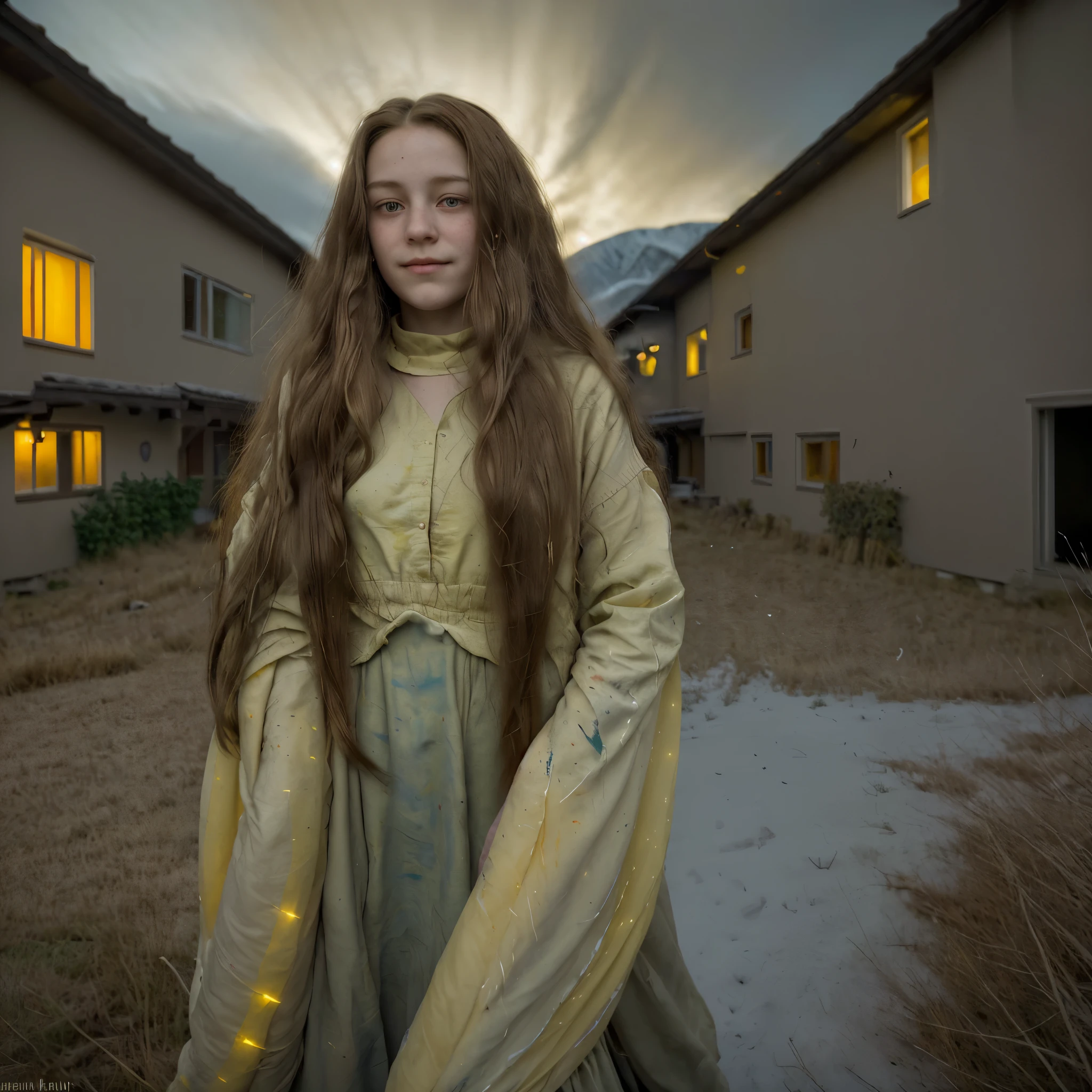 The painting style is quiet and the lights are yellow. The houses are nestled among the distant mountains, and the willows in the courtyard sway in the wind. Several layers of light red curtains add a bit of mystery to the deep scenery, the Boy name Shekharis alone, her long hair is scattered at will, and her figure is looming, with a faint smile.  